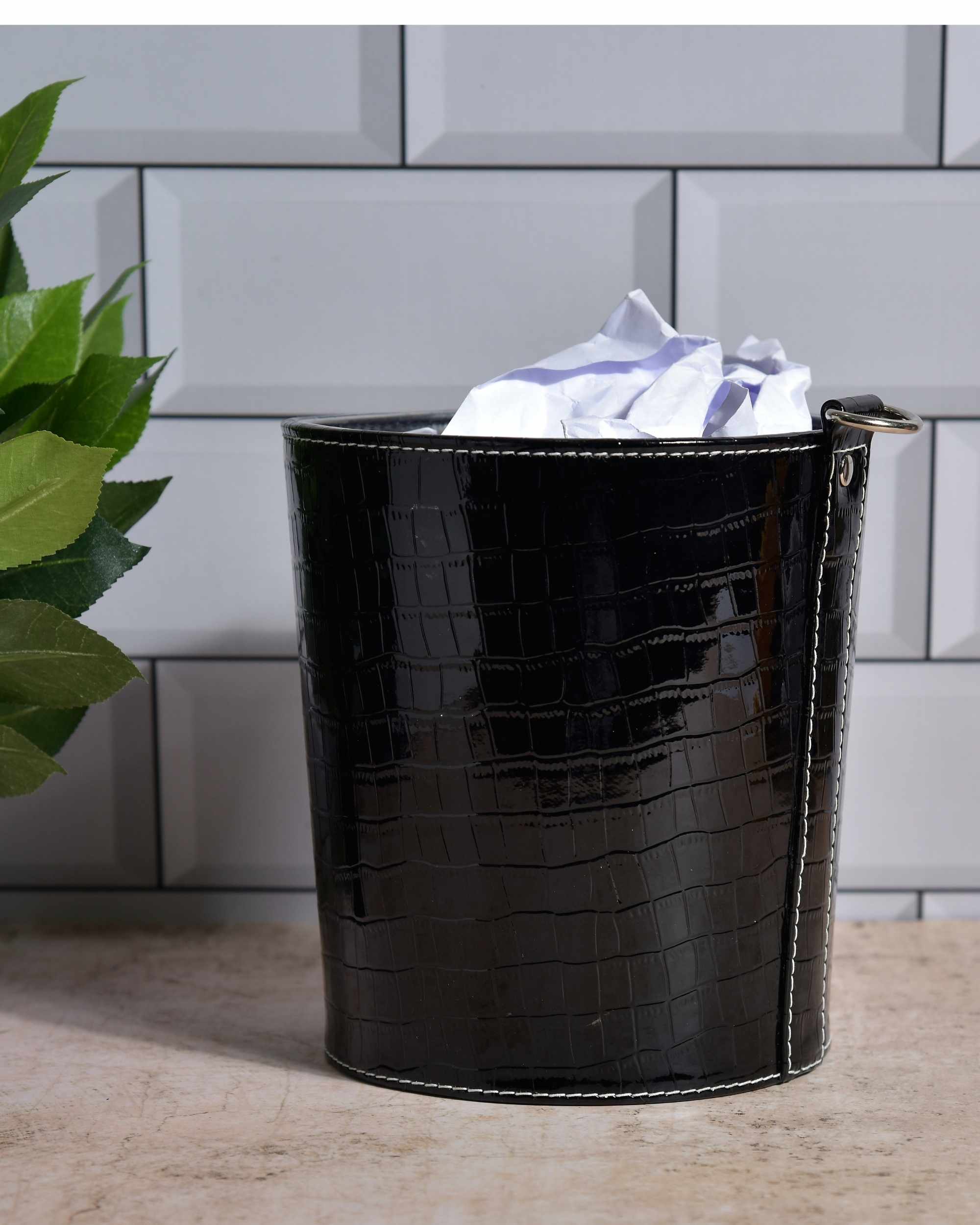 Premsons® Premium Faux Leather Dustbin - Sleek & Modern Waste Basket for Office & Living Room - Croc Pattern - Big - Black  - 5 litres