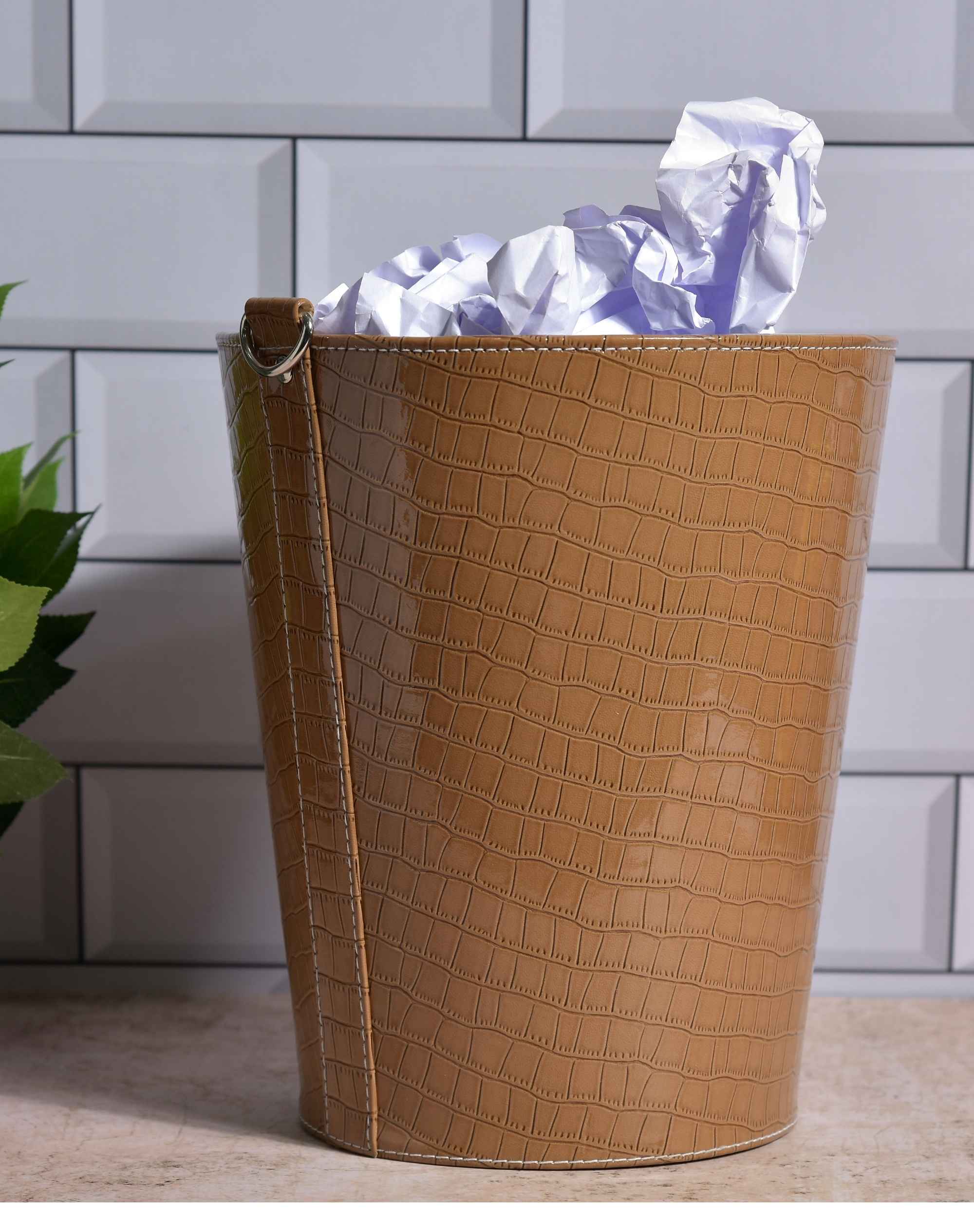 Premsons® Premium Faux Leather Dustbin - Sleek & Modern Waste Basket for Office & Living Room - Croc Pattern -Big- Beige  - 5 litres
