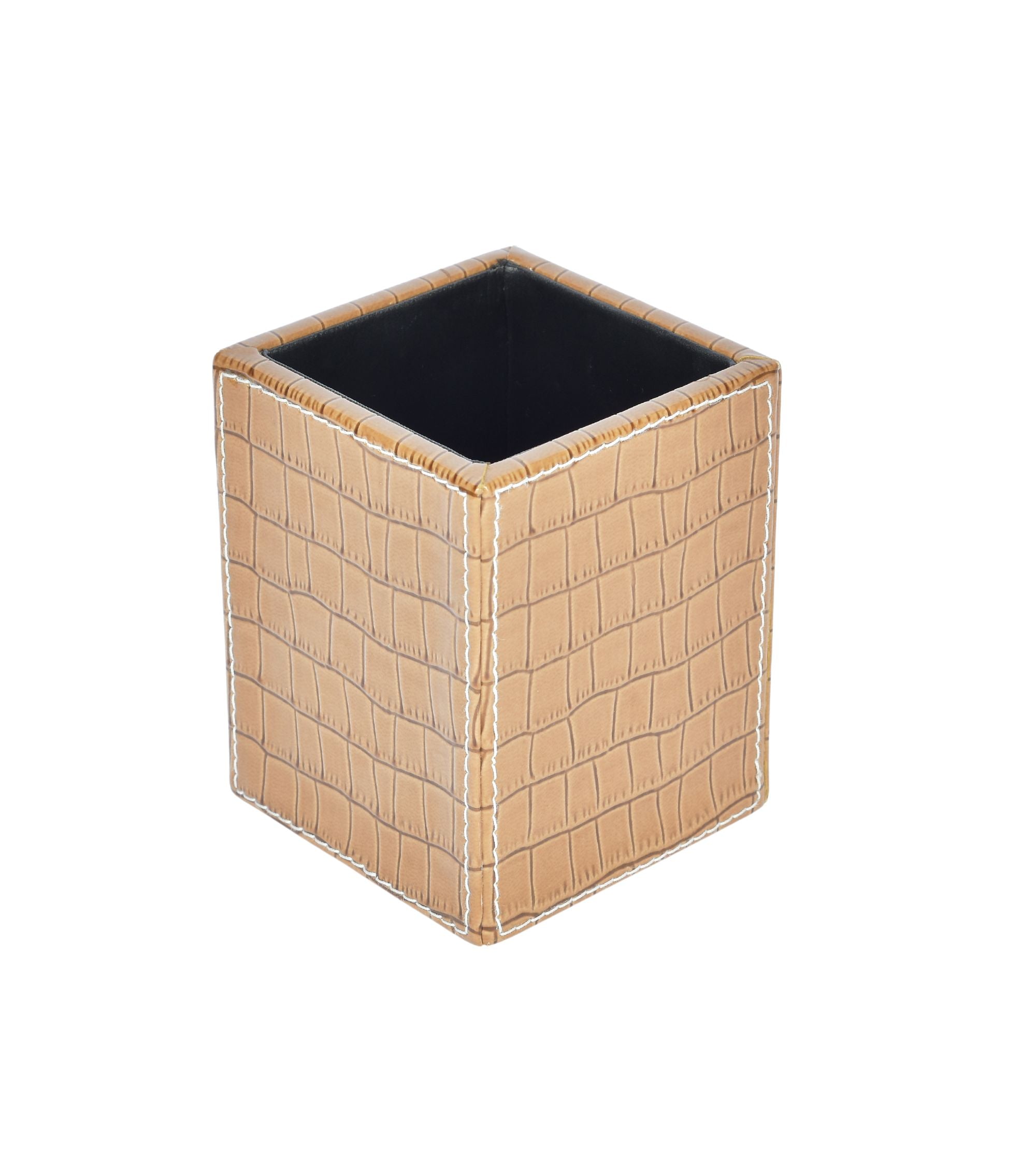 Premsons® Croc Square Pen Stand - Sleek Beige Croc-Patterned Leatherette Square Desk Organizer - Durable Faux Leather Stationery Holder