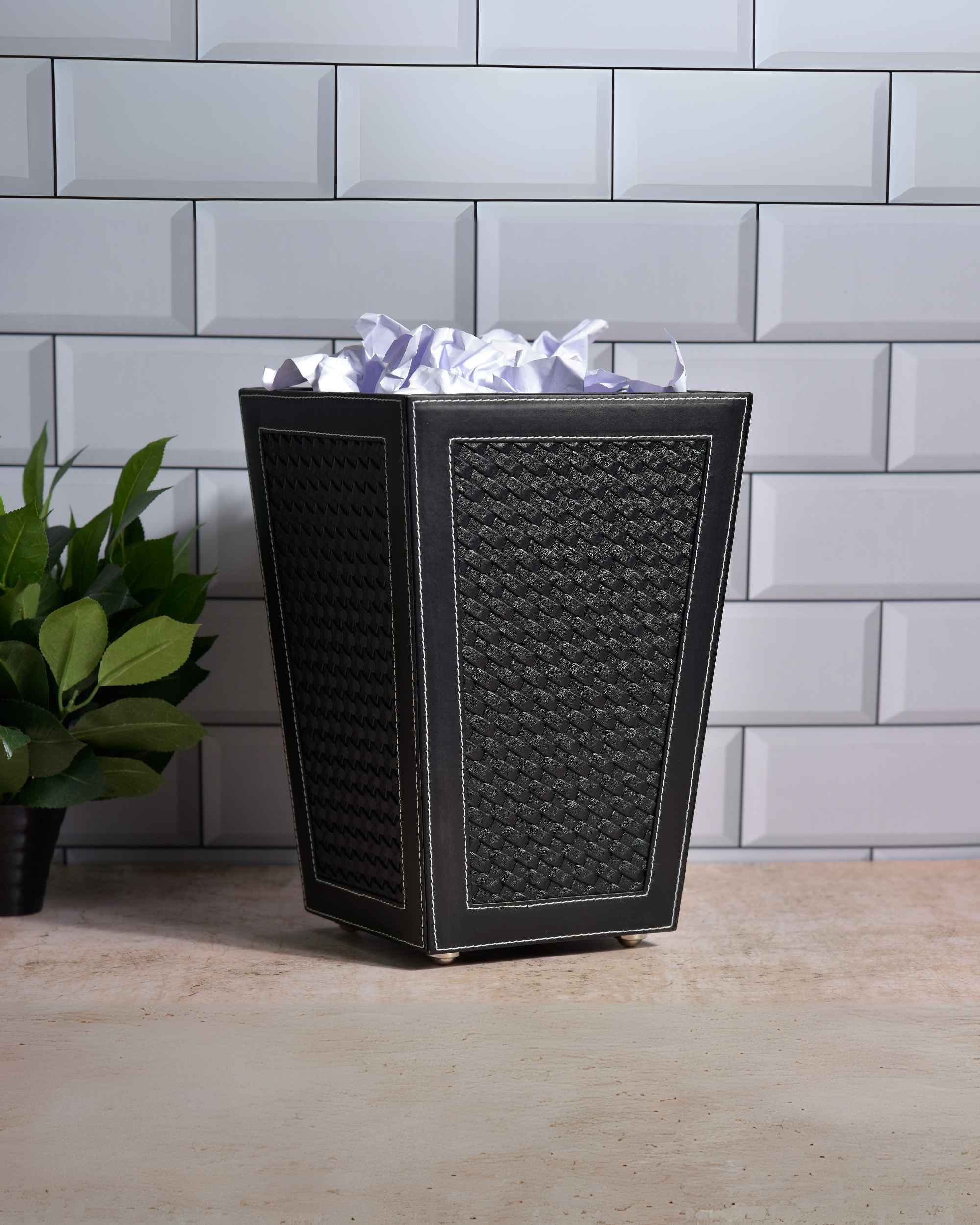 Premsons® Premium Faux Leather Dustbin - Sleek & Modern Waste Basket for Office & Living Room - Woven - Cone Shaped - Black -2.5 Litres