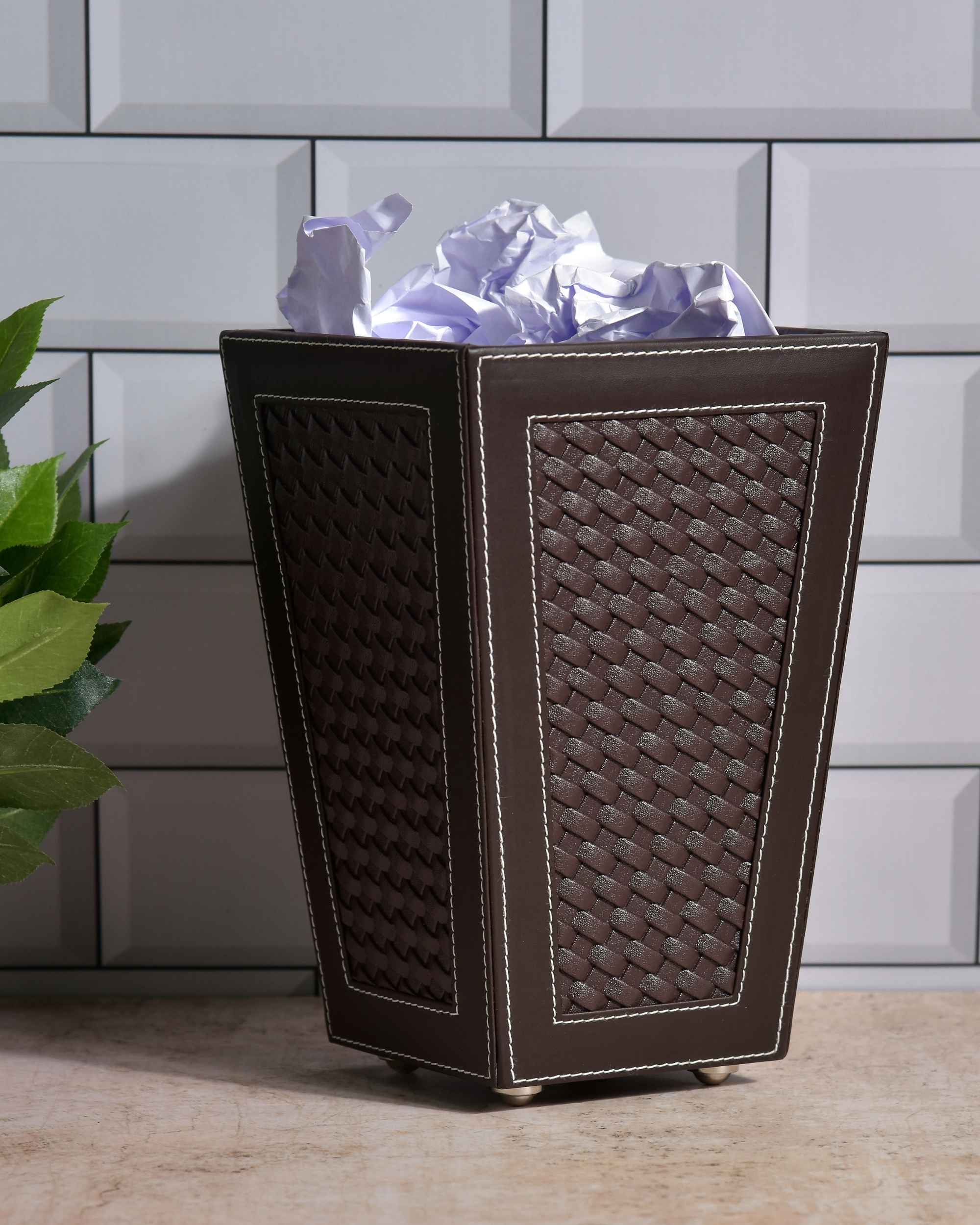 Premsons® Premium Faux Leather Dustbin - Sleek & Modern Waste Basket for Office & Living Room - Woven - Cone Shaped - Brown - 2.5 Litres