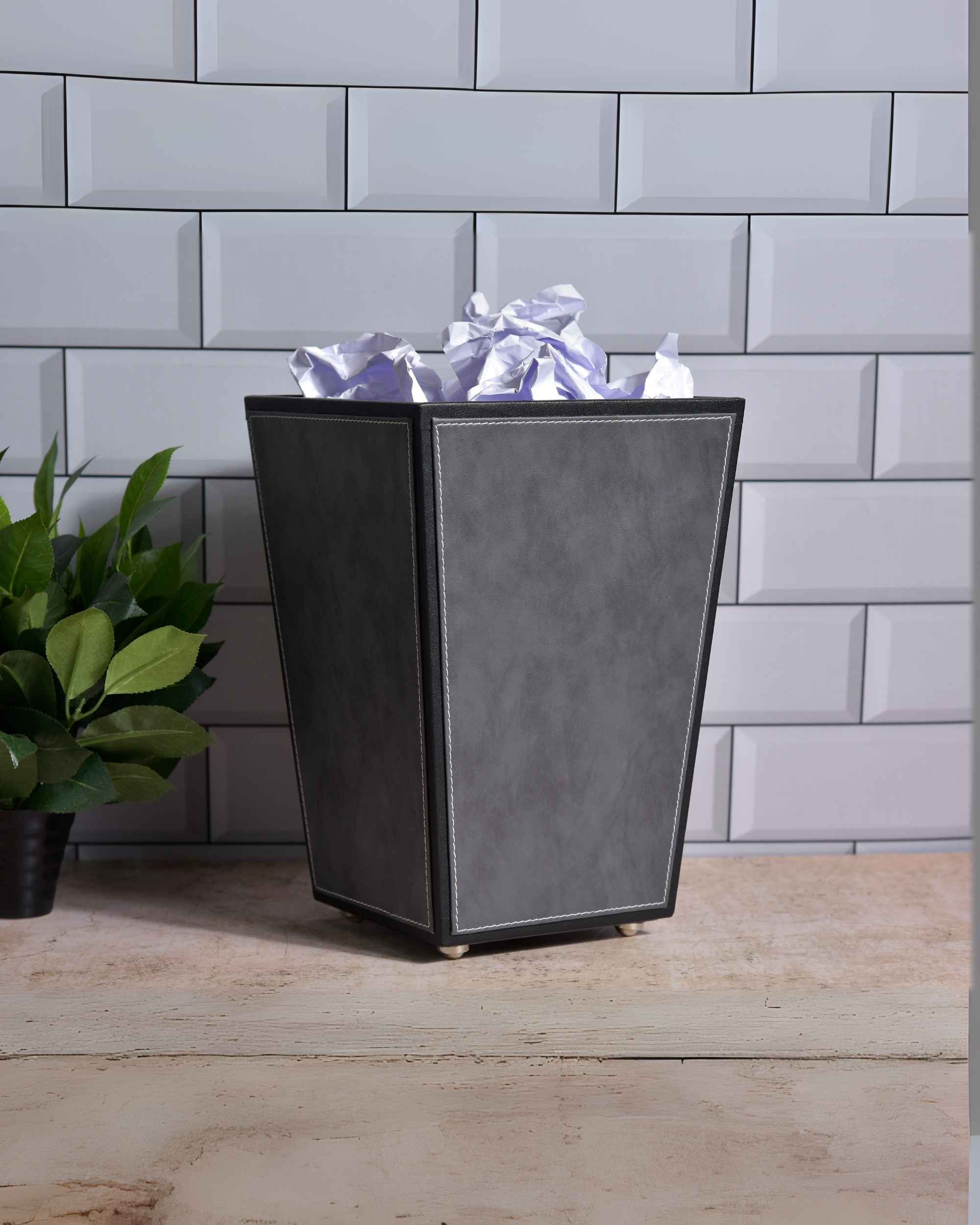 Premsons® Premium Faux Leather Dustbin - Sleek & Modern Waste Basket for Office & Living Room - Two Tone - Cone Shaped - Grey with Black - 5 Litres