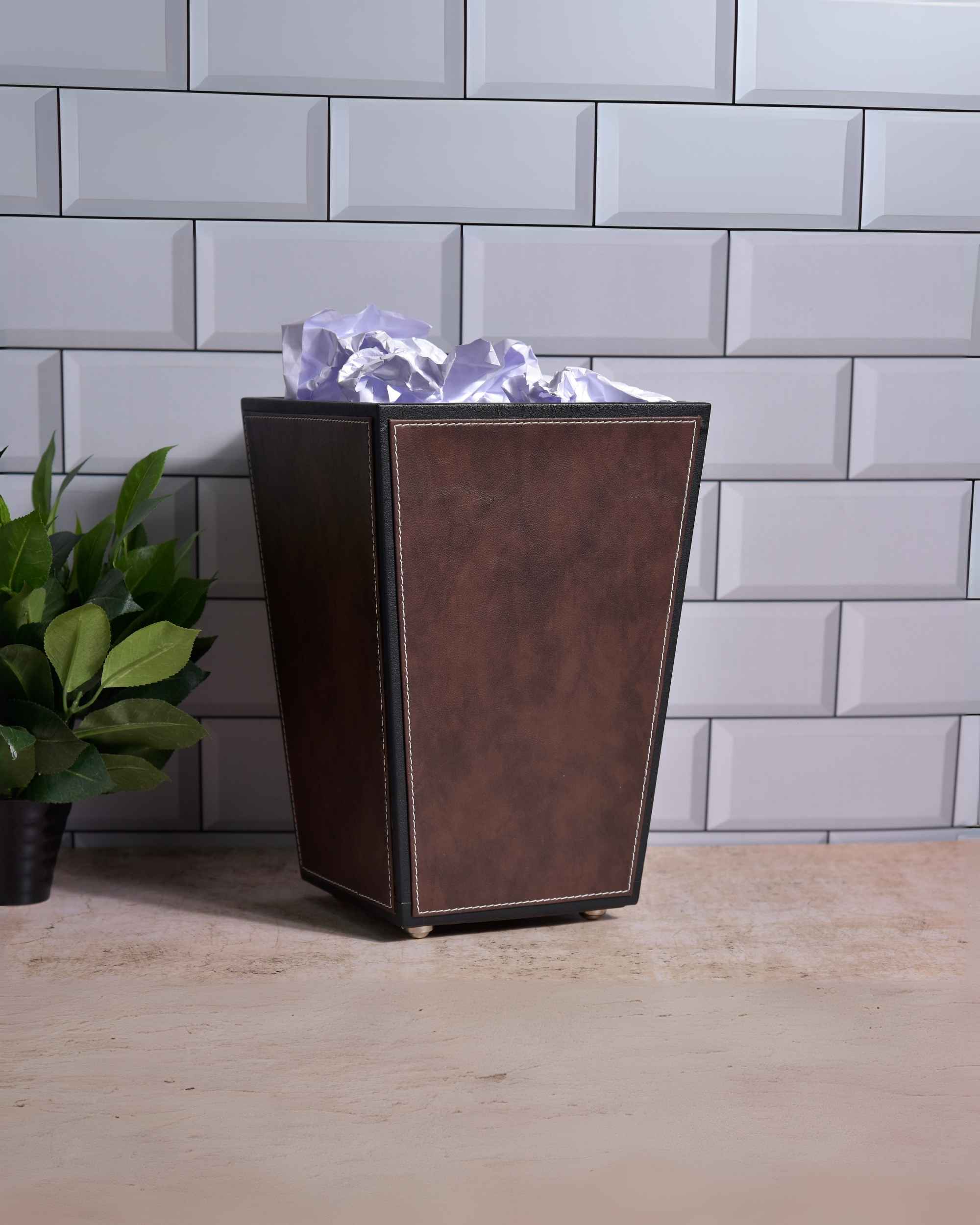 Premsons® Premium Faux Leather Dustbin - Sleek & Modern Waste Basket for Office & Living Room - Two Tone - Cone Shaped - Brown with Black - 5 Litres