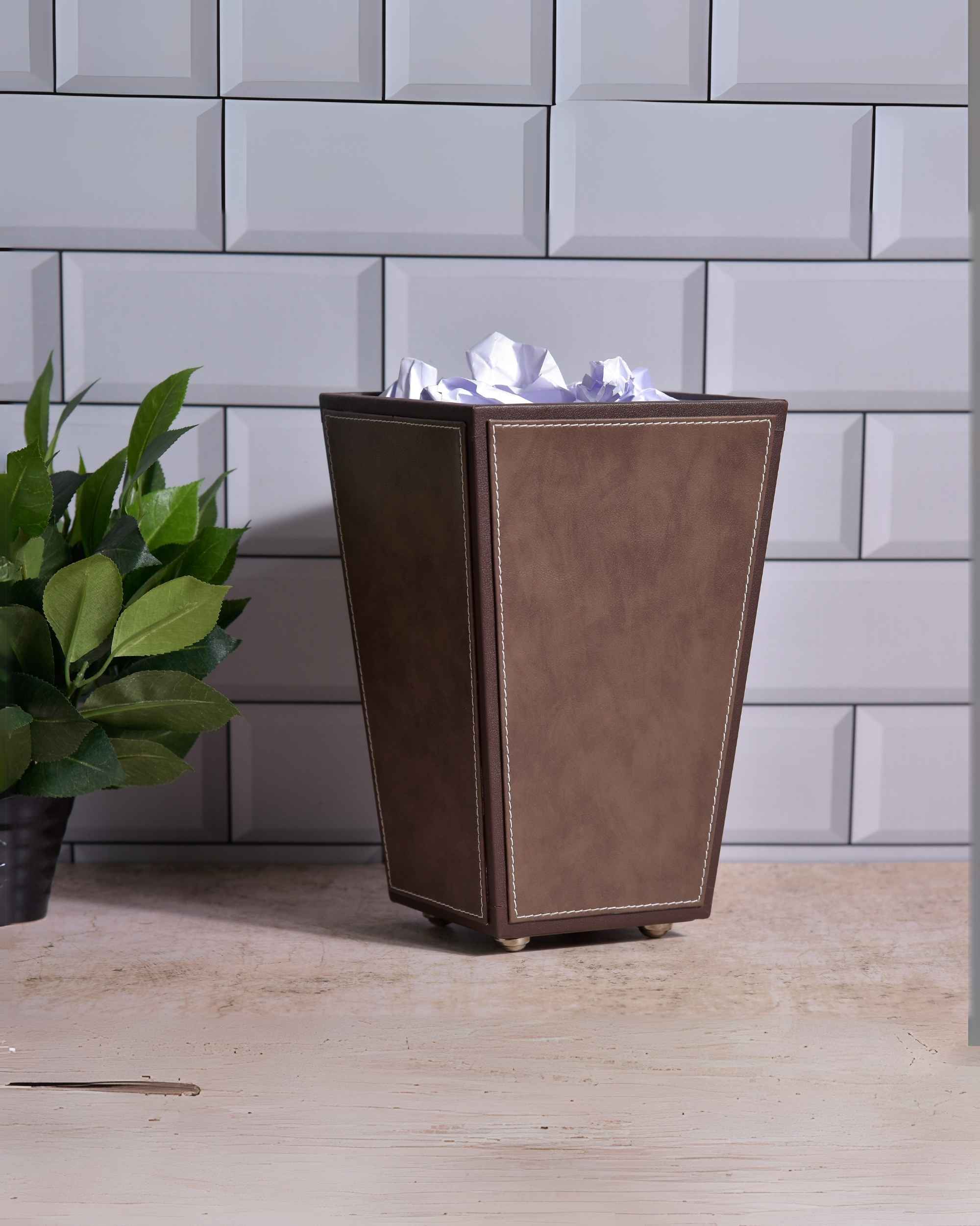 Premsons® Premium Faux Leather Dustbin - Sleek & Modern Waste Basket for Office & Living Room - Two Tone - Cone Shaped - Brown with Brown - 5 Litres
