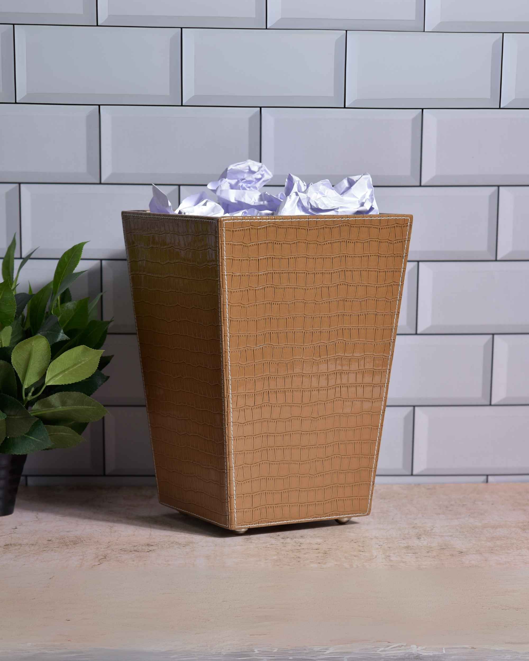 Premsons® Premium Faux Leather Dustbin - Sleek & Modern Waste Basket for Office & Living Room - Croc Texture - Cone Shaped - Brown - 5 Litres