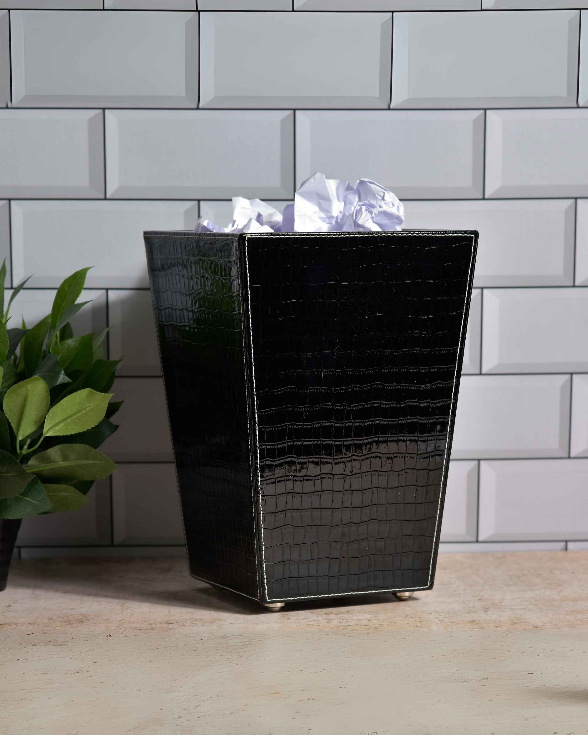 Premsons® Premium Faux Leather Dustbin - Sleek & Modern Waste Basket for Office & Living Room - Croc Texture - Cone Shaped - Black - 5 Litres