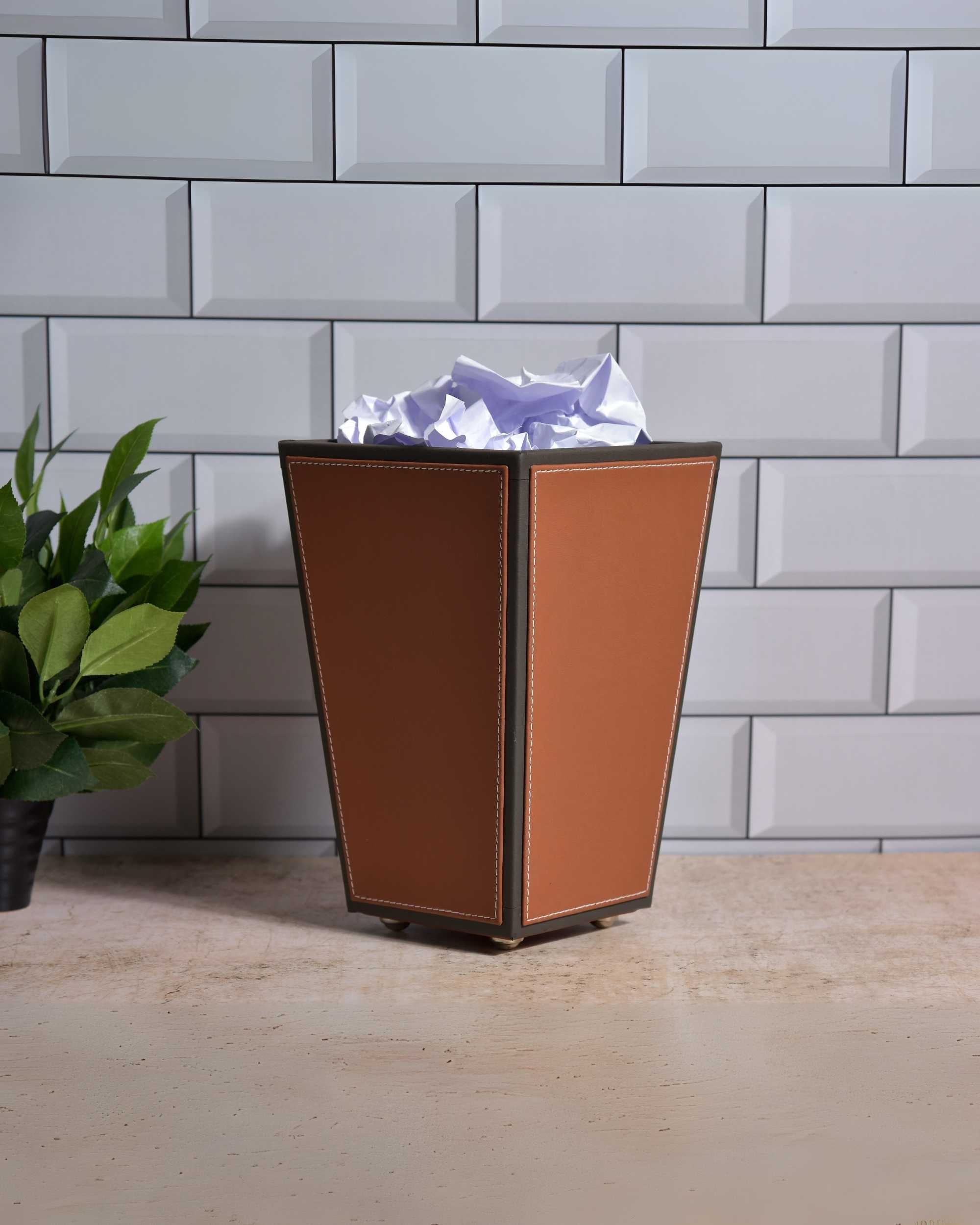 Premsons® Premium Faux Leather Dustbin - Sleek & Modern Waste Basket for Office & Living Room - Two Tone - Cone Shaped - Orange & Grey - 2.5 Litres