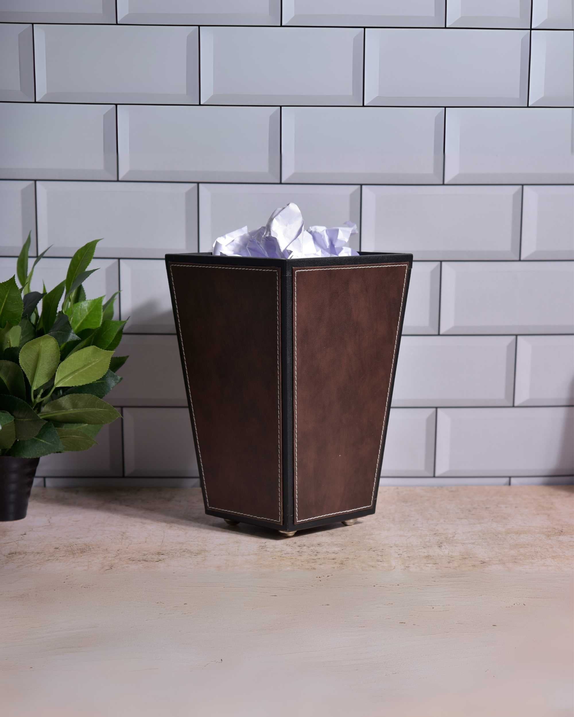 Premsons® Premium Faux Leather Dustbin - Sleek & Modern Waste Basket for Office & Living Room - Two Tone - Cone Shaped - Brown with Black - 2.5 Litres