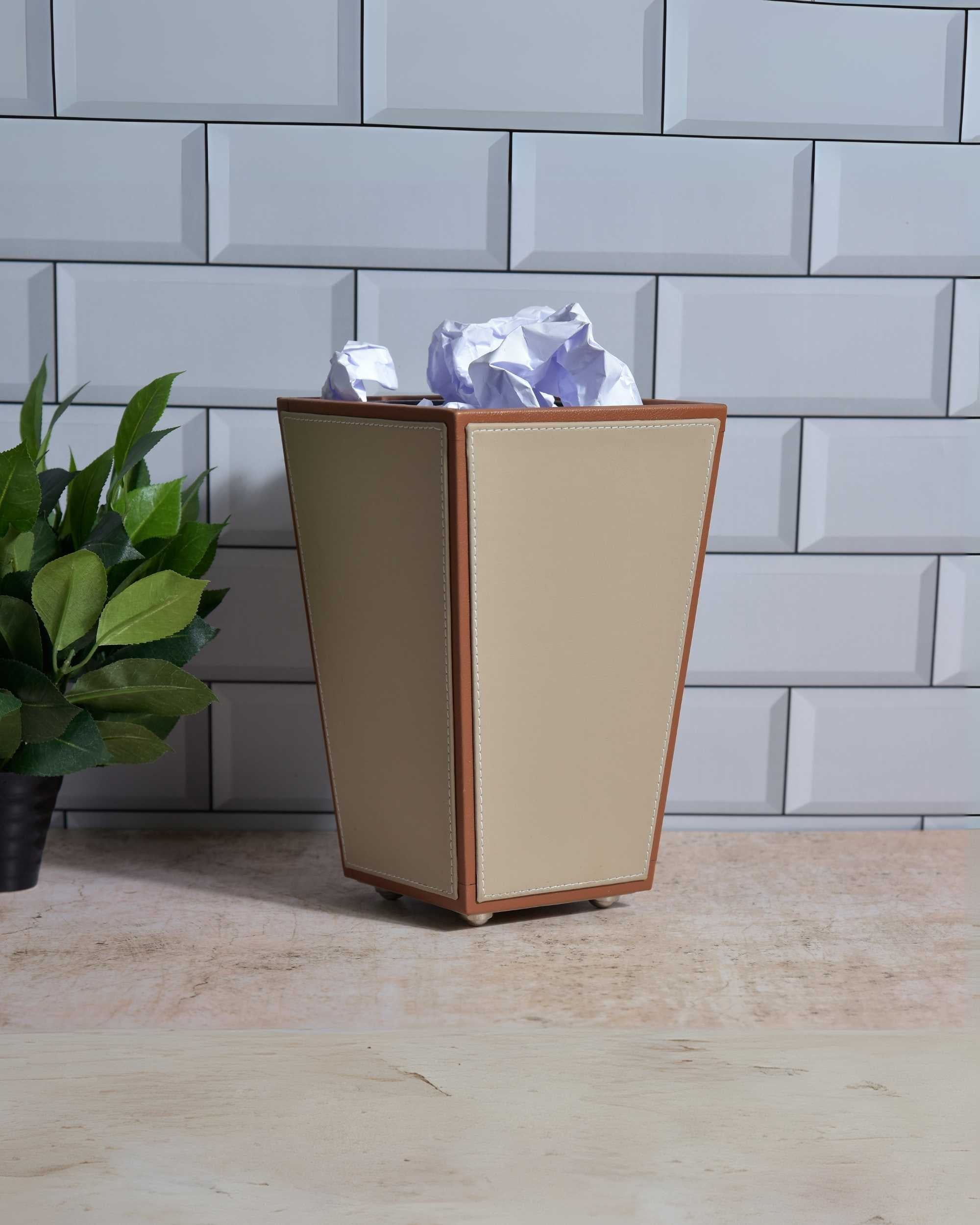 Premsons® Premium Faux Leather Dustbin - Sleek & Modern Waste Basket for Office & Living Room - Two Tone - Cone Shaped - Beige with Orange - 2.5 Litres