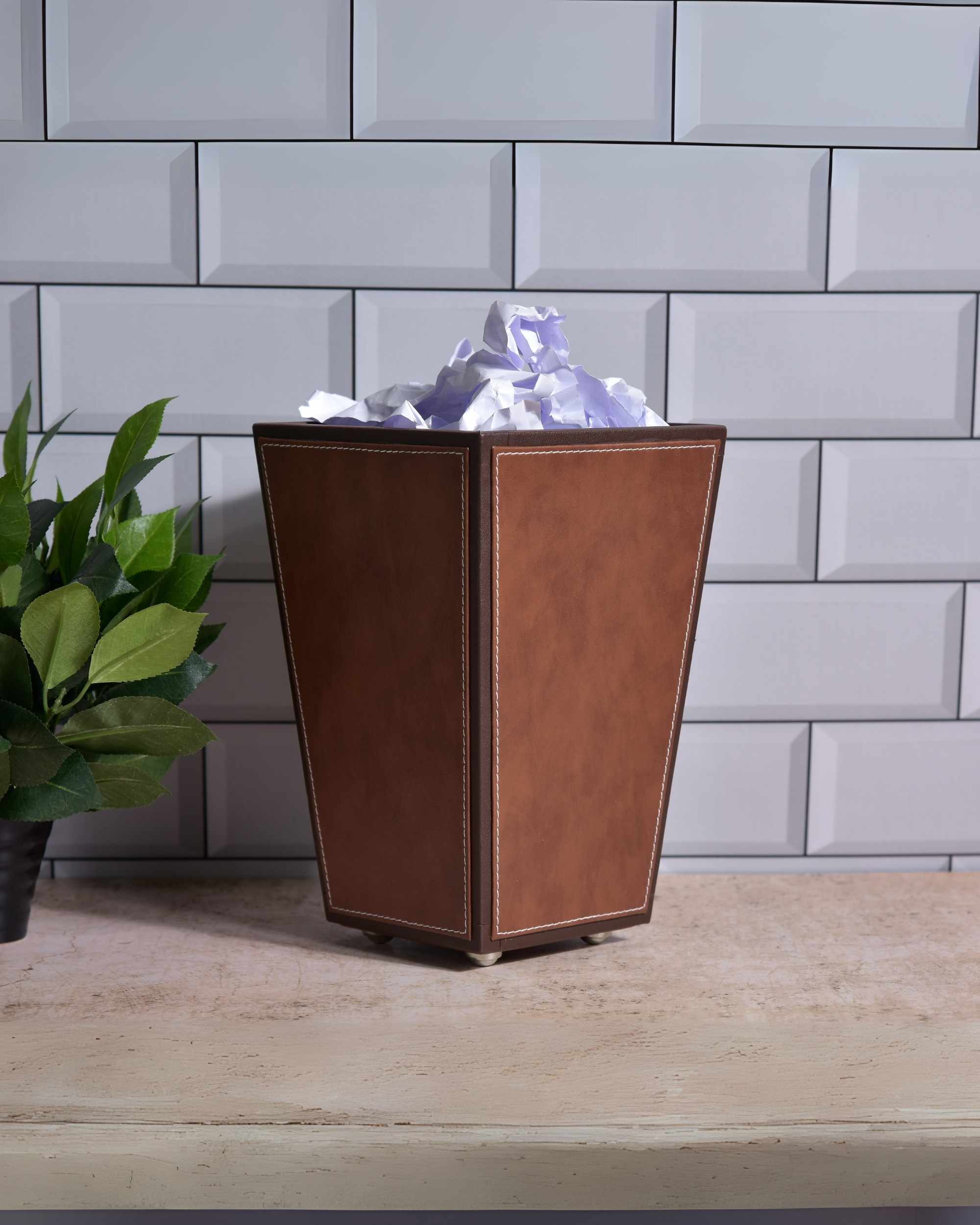 Premsons® Premium Faux Leather Dustbin - Sleek & Modern Waste Basket for Office & Living Room - Two Tone - Cone Shaped - Orange with Brown - 2.5 Litres