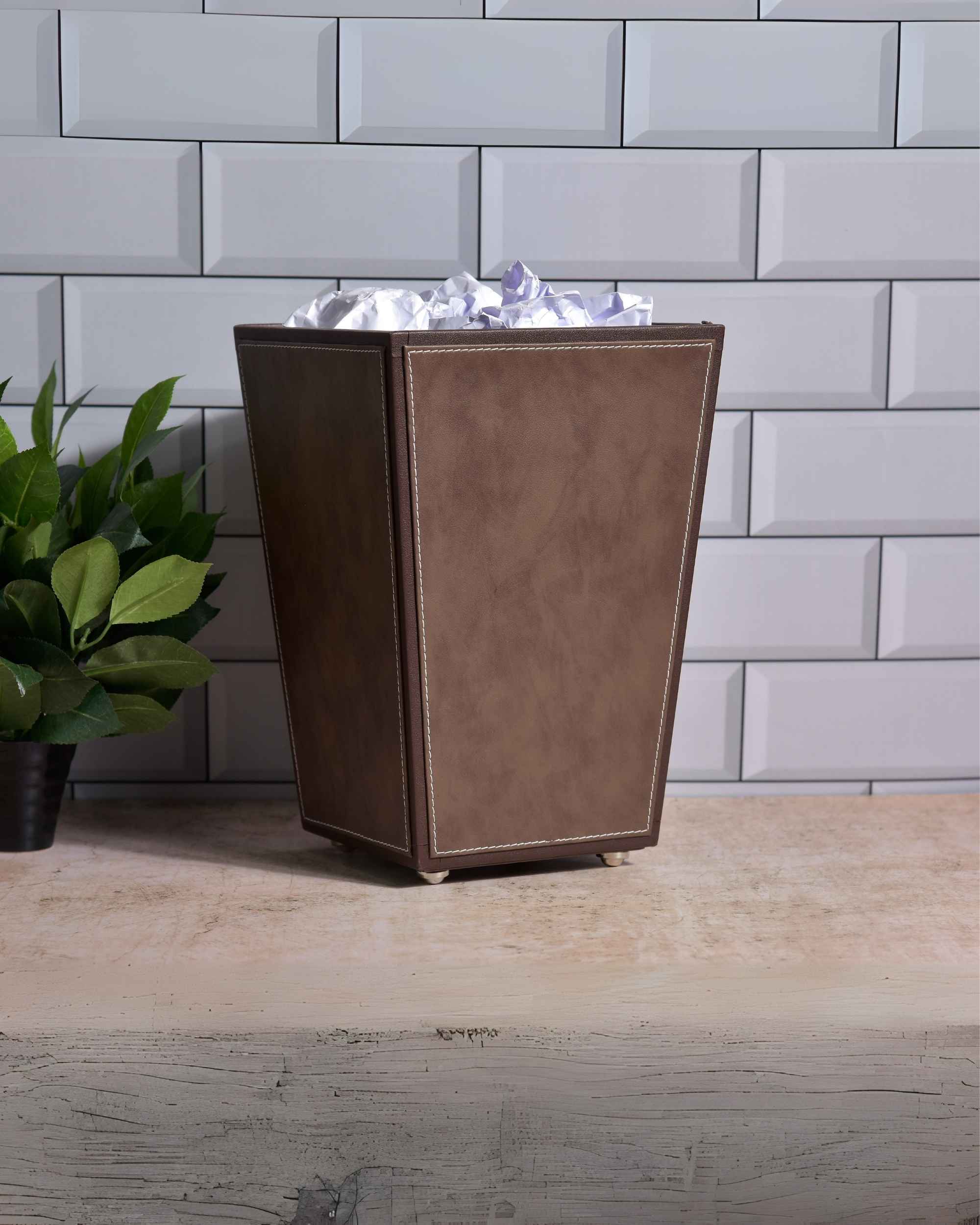 Premsons® Premium Faux Leather Dustbin - Sleek & Modern Waste Basket for Office & Living Room - Two Tone - Cone Shaped - Brown with Brown - 2.5 Litres