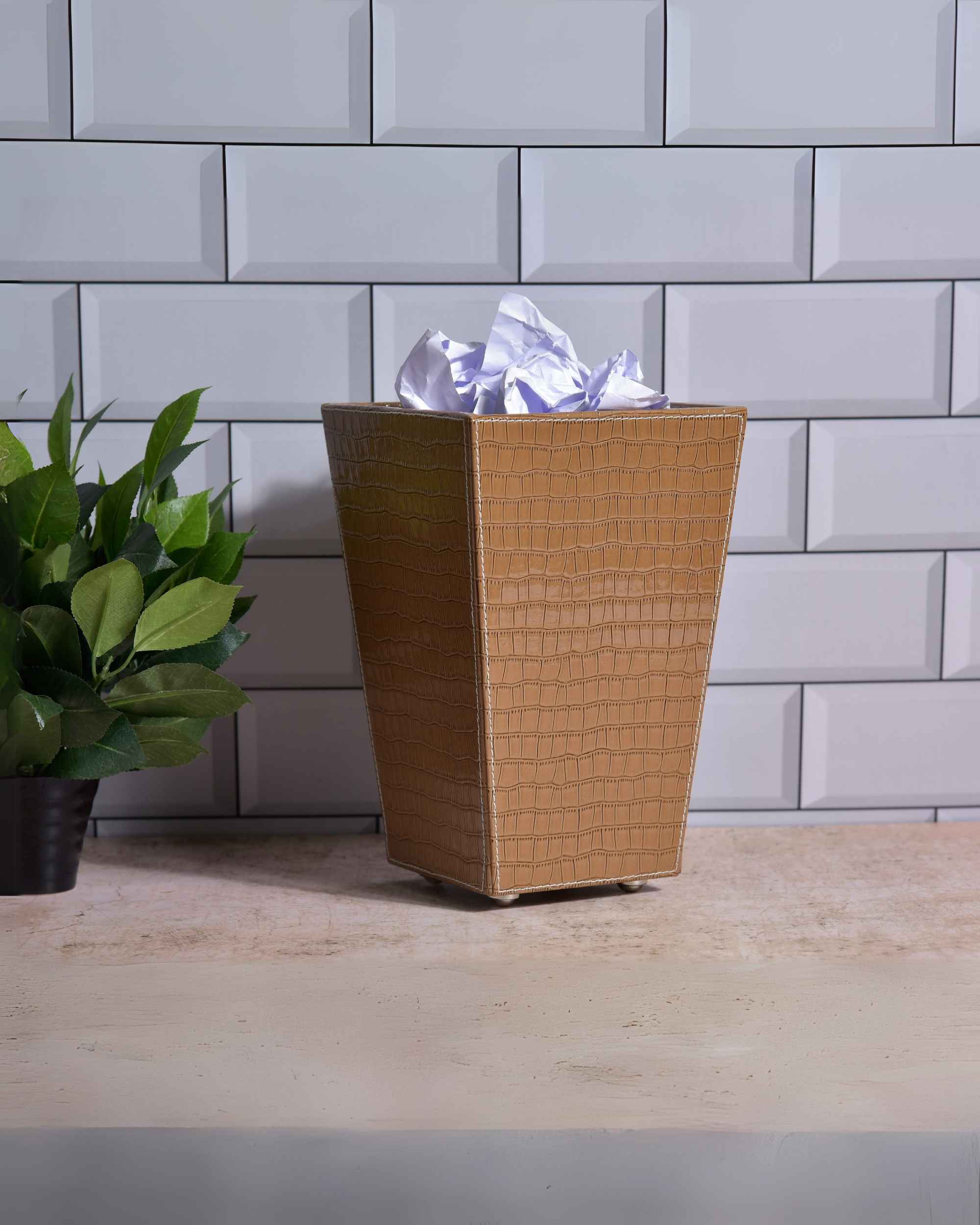 Premsons® Premium Faux Leather Dustbin - Sleek & Modern Waste Basket for Office & Living Room - Croc Texture - Cone Shaped - Beige - 2.5 Litres