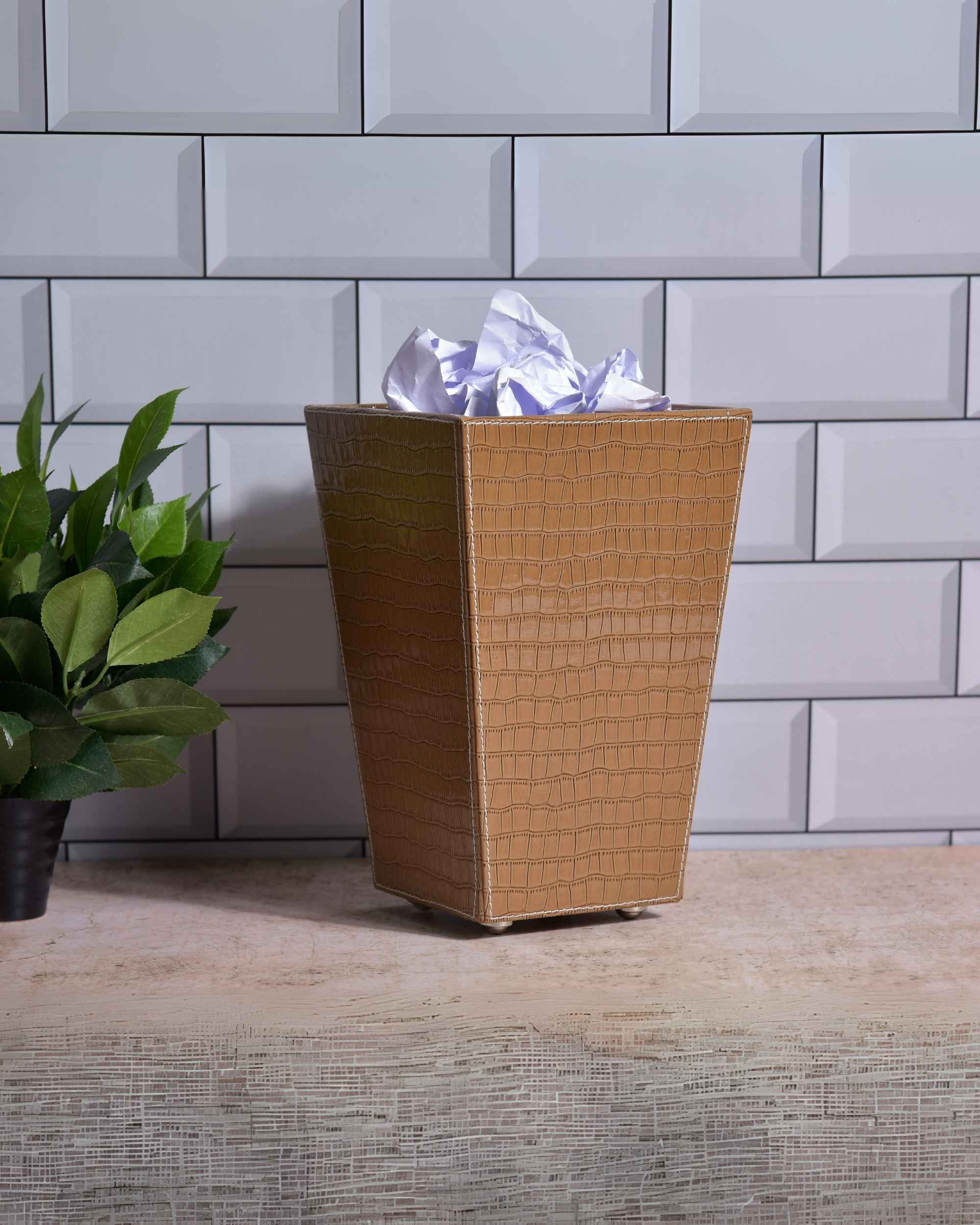 Premsons® Premium Faux Leather Dustbin - Sleek & Modern Waste Basket for Office & Living Room - Croc Texture - Cone Shaped - Brown - 2.5 Litres