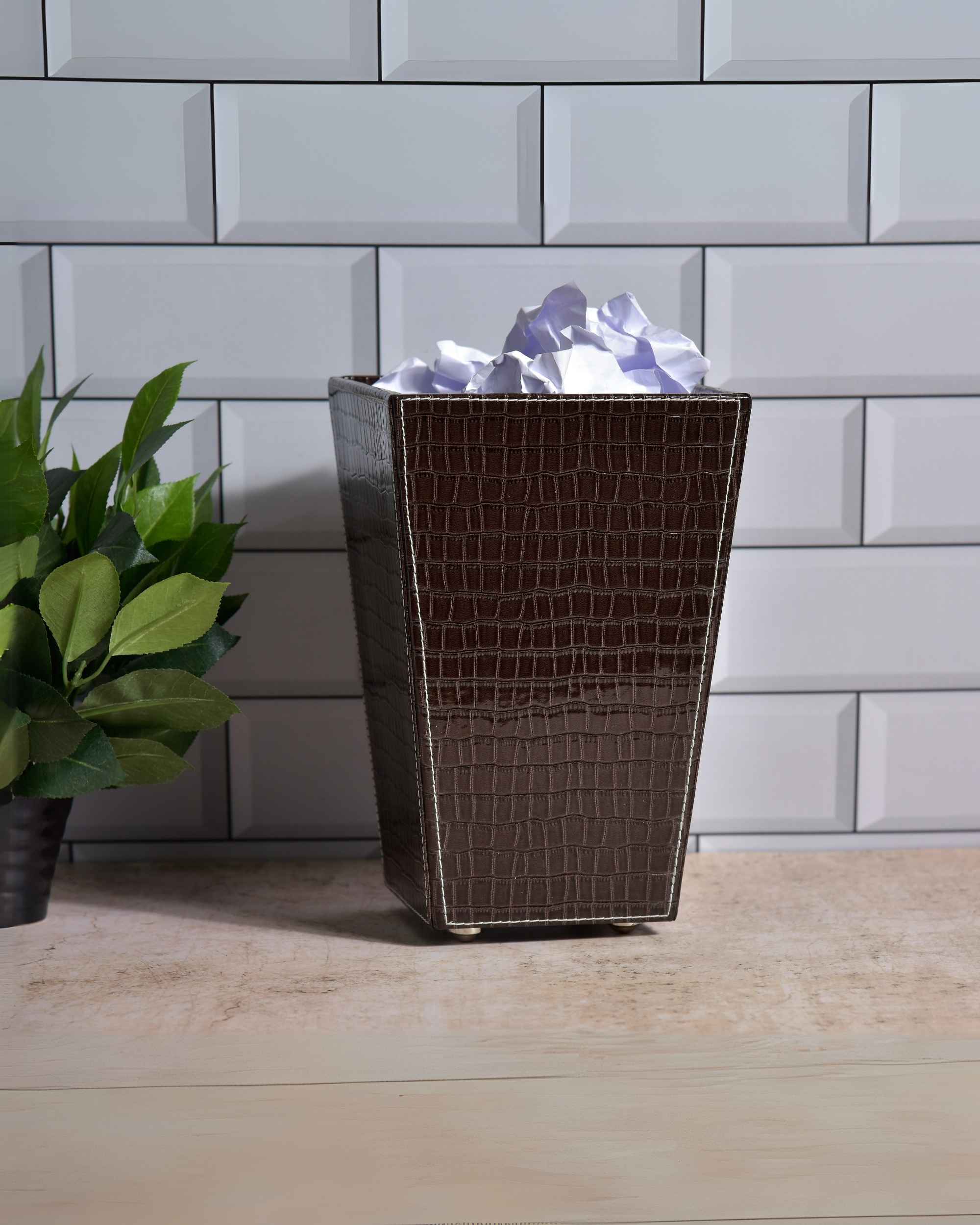 Premsons® Premium Faux Leather Dustbin - Sleek & Modern Waste Basket for Office & Living Room - Croc Texture - Cone Shaped - Dark Brown - 2.5 Litres
