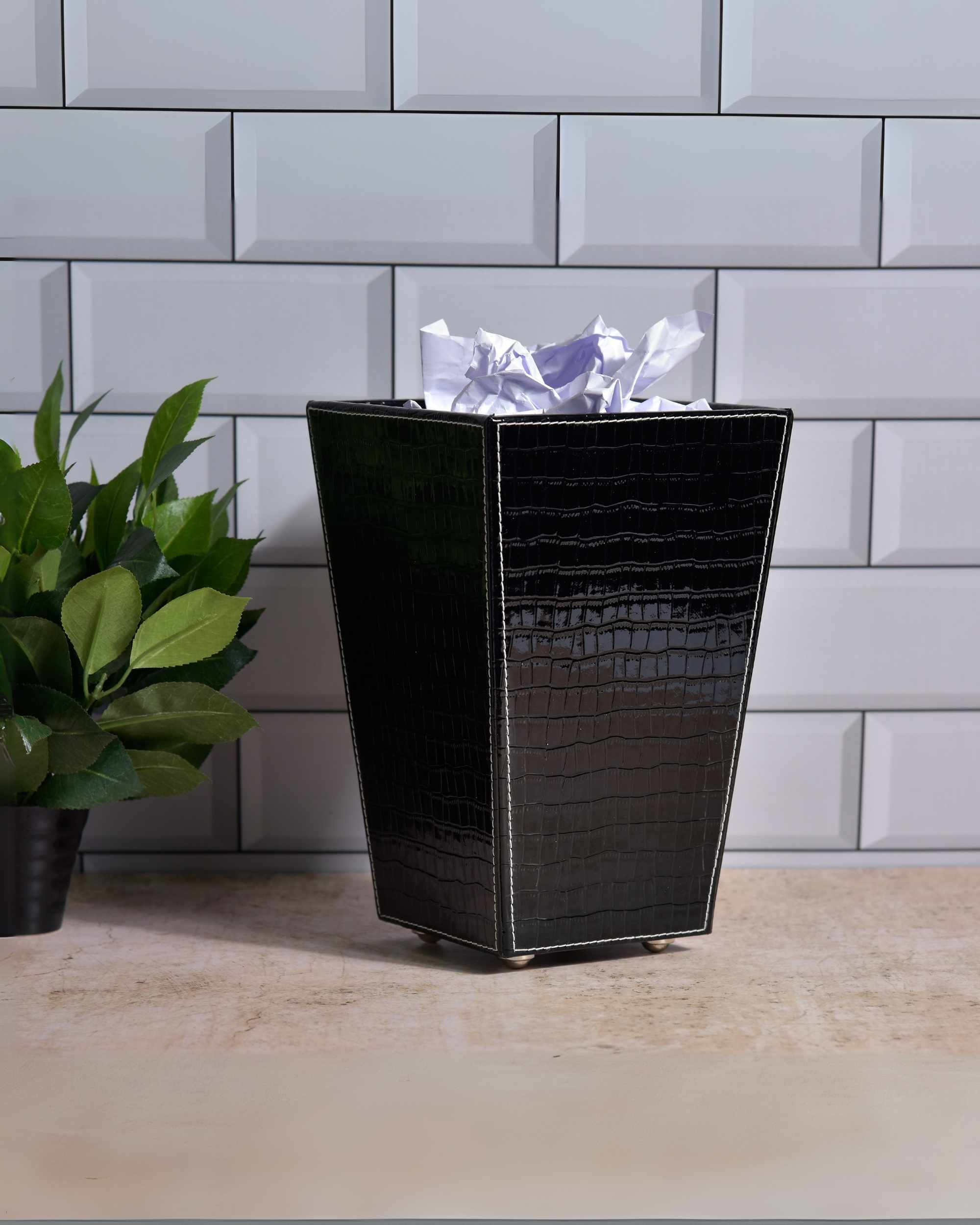 Premsons® Premium Faux Leather Dustbin - Sleek & Modern Waste Basket for Office & Living Room - Croc Texture - Cone Shaped - Black - 2.5 Litres