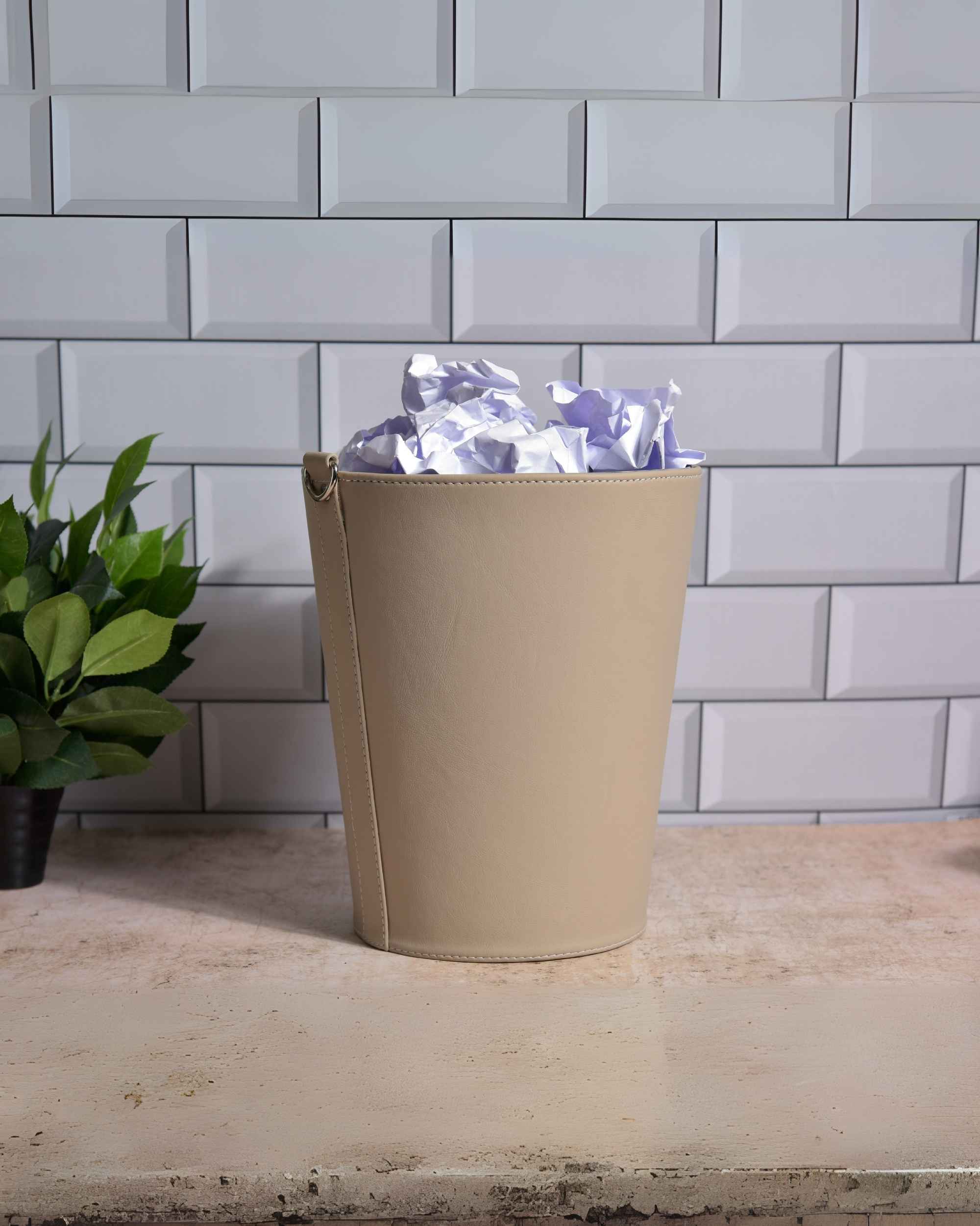 Premsons® Premium Faux Leather Dustbin - Sleek & Modern Waste Basket for Office & Living Room - Round Shaped -Big - Cream - 5 Litres