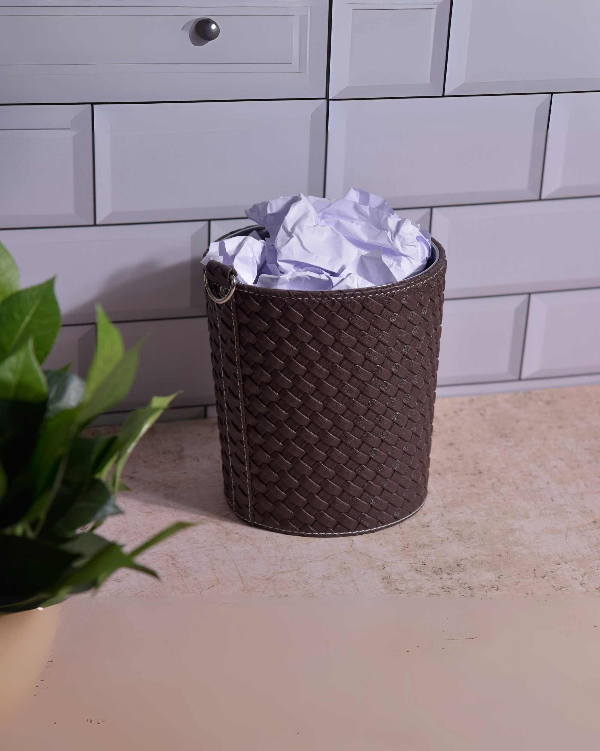 Premsons® Faux Leather Dustbin - Stylish & Durable Waste Bin for Home, Office, & Bedroom - Woven Pattern - Round - Dark Brown - 2.5 litres
