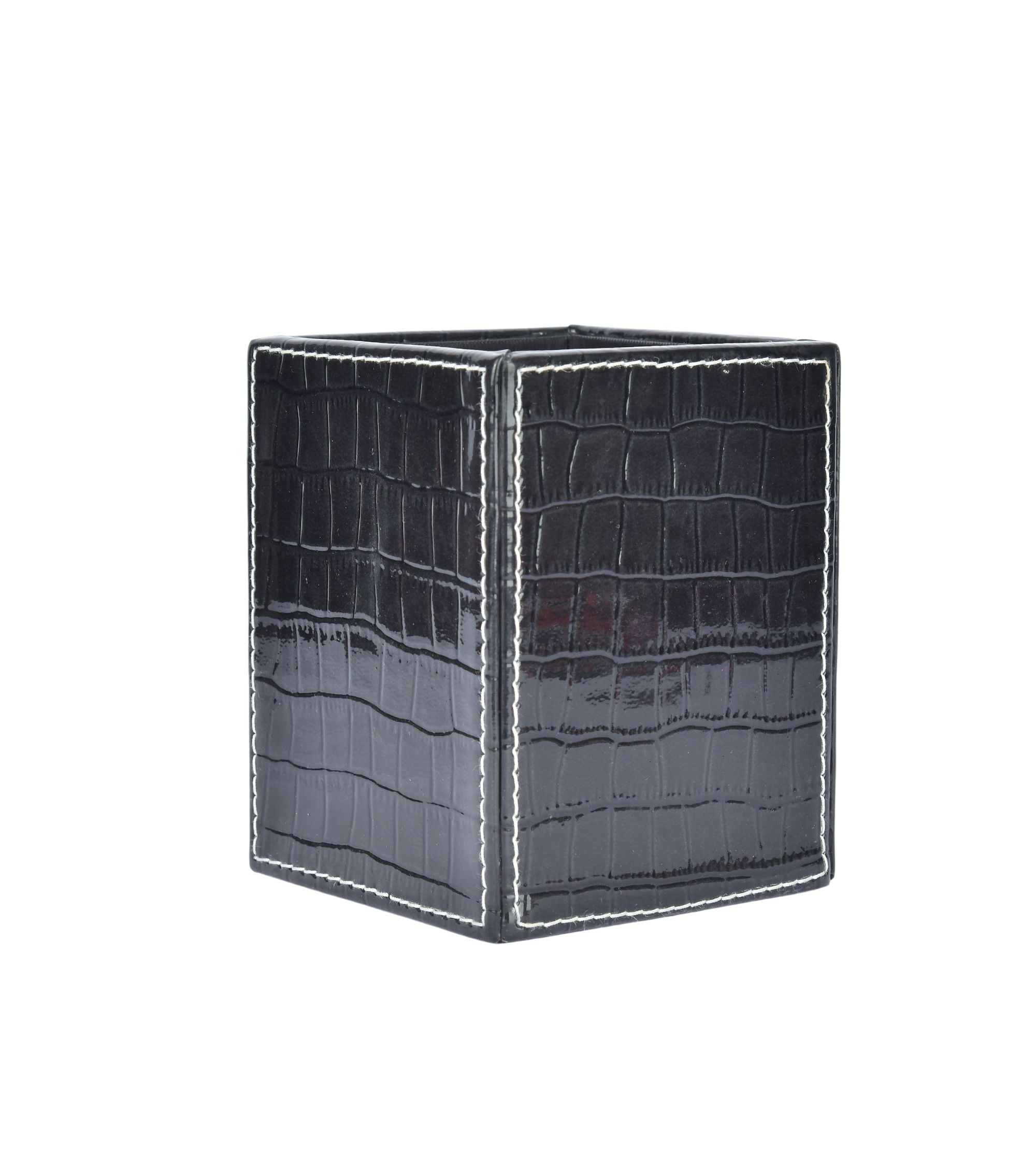 Premsons® Croc Square Pen Stand - Sleek Black Croc-Patterned Leatherette Square Desk Organizer - Durable Faux Leather Stationery Holder