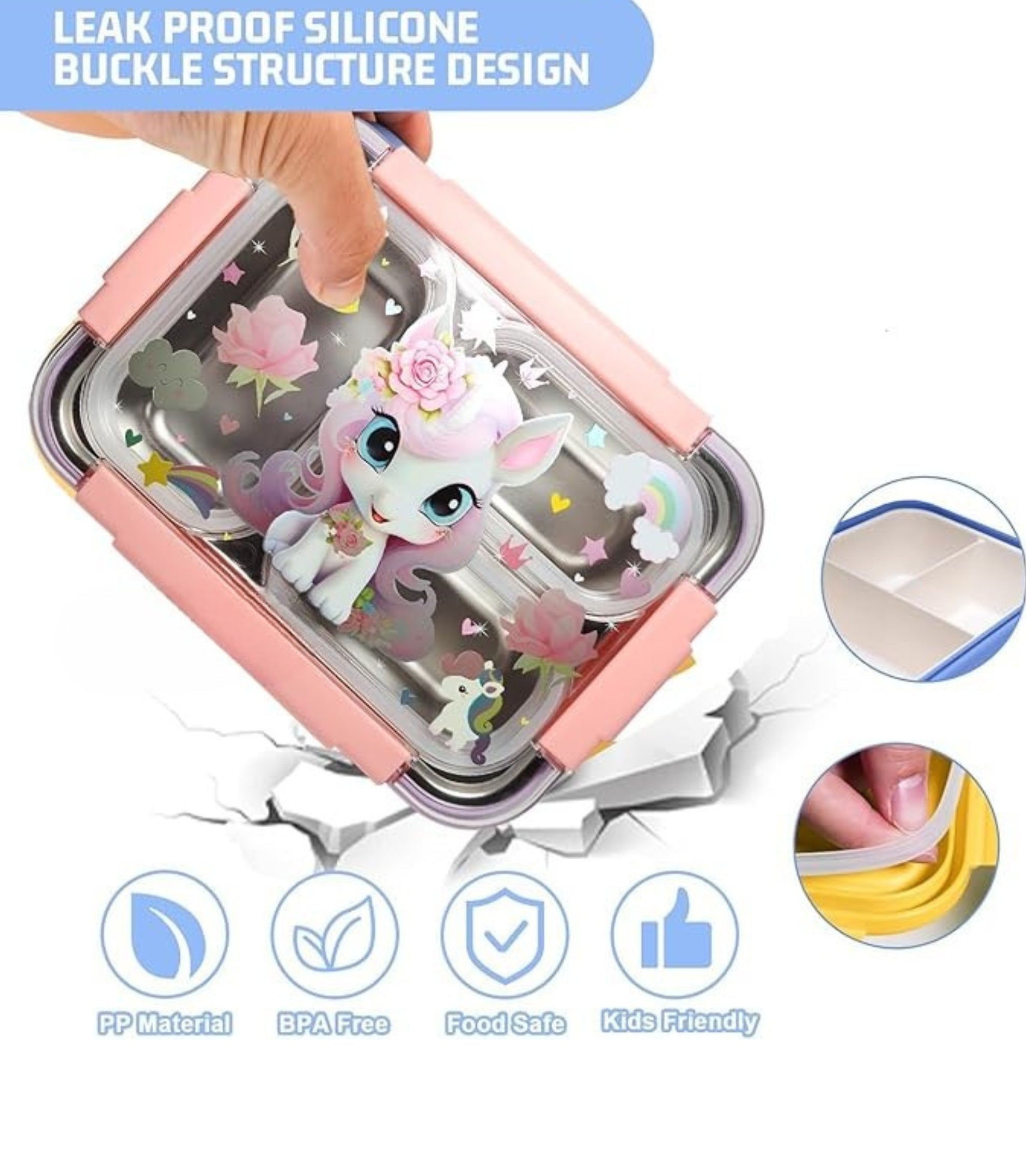 Premsons® Magical Unicorn Kids Bento Lunch Box for Girls – Leakproof Stainless Steel Tiffin Lunchbox with 3 Compartments, Pink BPA-Free Lid, Cute Cartoon Design, Ideal for School, Picnic & Travel