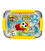 Premsons® Kids' Stainless Steel Lunch Box with 3 Compartments – Leak-Proof Tiffin Box with Fun Soccer-Themed Lid & Locking Clips | Includes Spoon & Chopsticks | Ideal for School & Travel