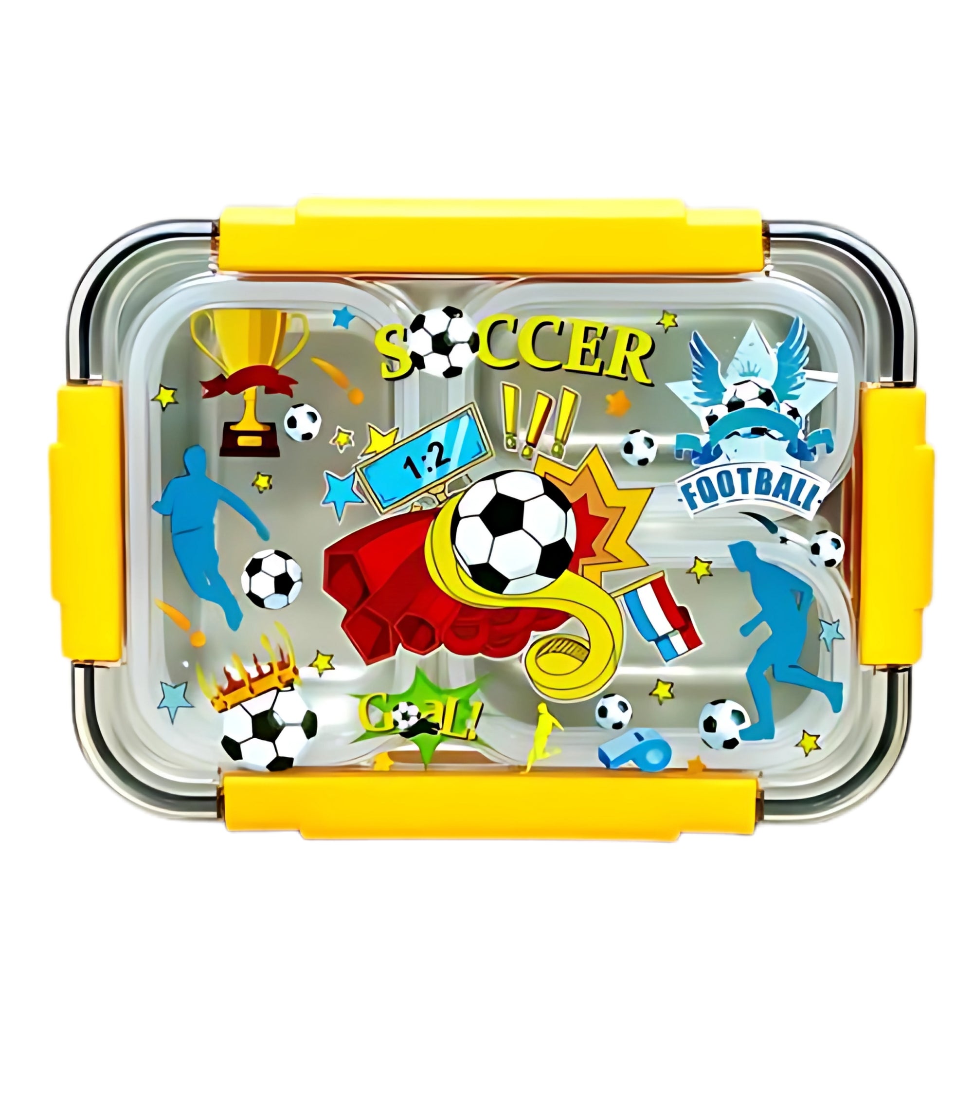 Premsons® Kids' Stainless Steel Lunch Box with 3 Compartments – Leak-Proof Tiffin Box with Fun Soccer-Themed Lid & Locking Clips | Includes Spoon & Chopsticks | Ideal for School & Travel