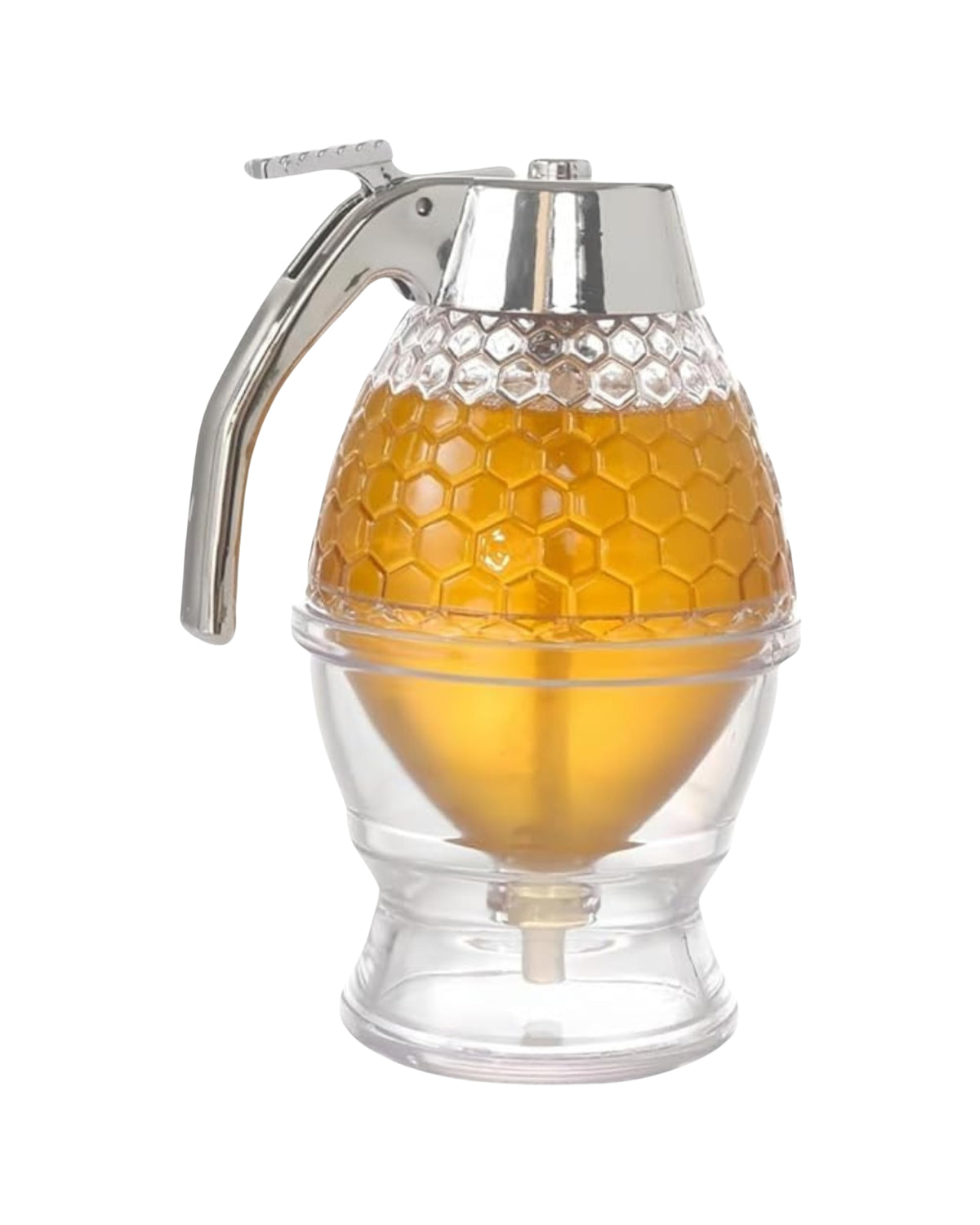 Honey dispenser with clear hexagon-textured glass reservoir, silver handle and drip nozzle
