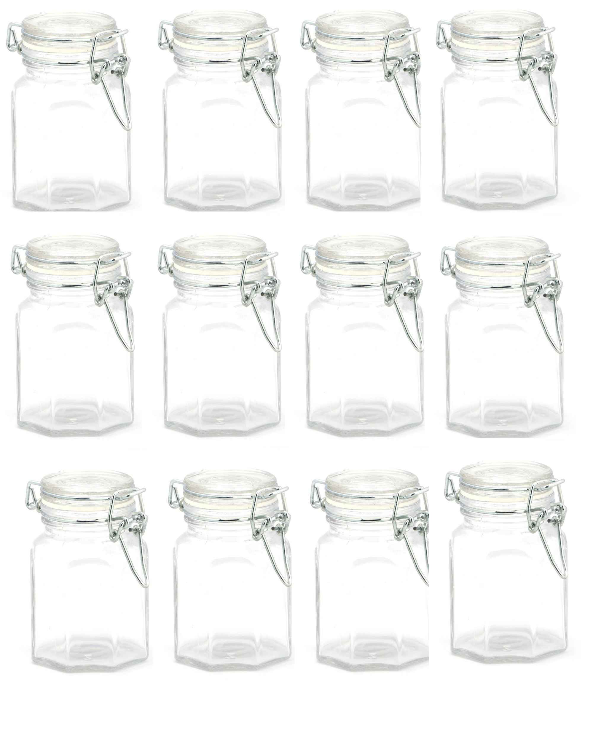 Premsons® Hexagon Glass Jars Clip Top Glass Canister Wide Mouth Storage Canister Jars For Masala,Spice,Food,aachar,Sugar,Bean Storage - 25 ml -Pack of 12
