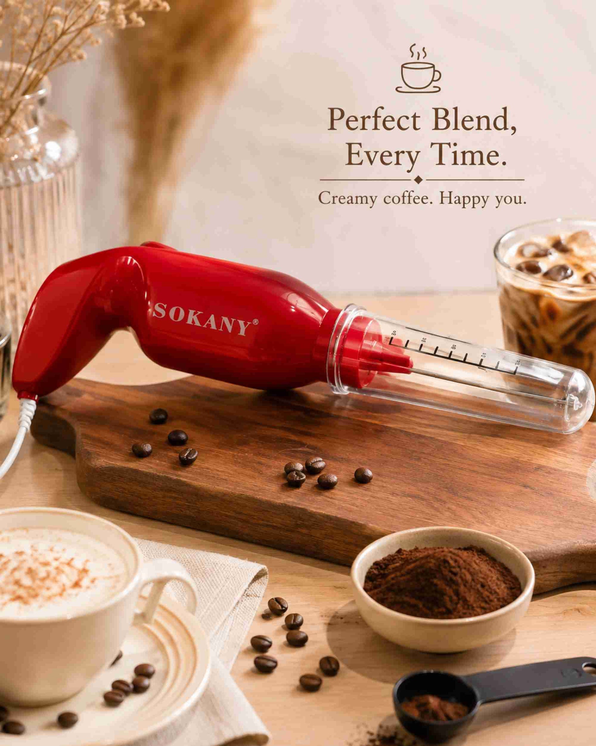 Red electric coffee blender with clear blending tube and visible coffee grounds