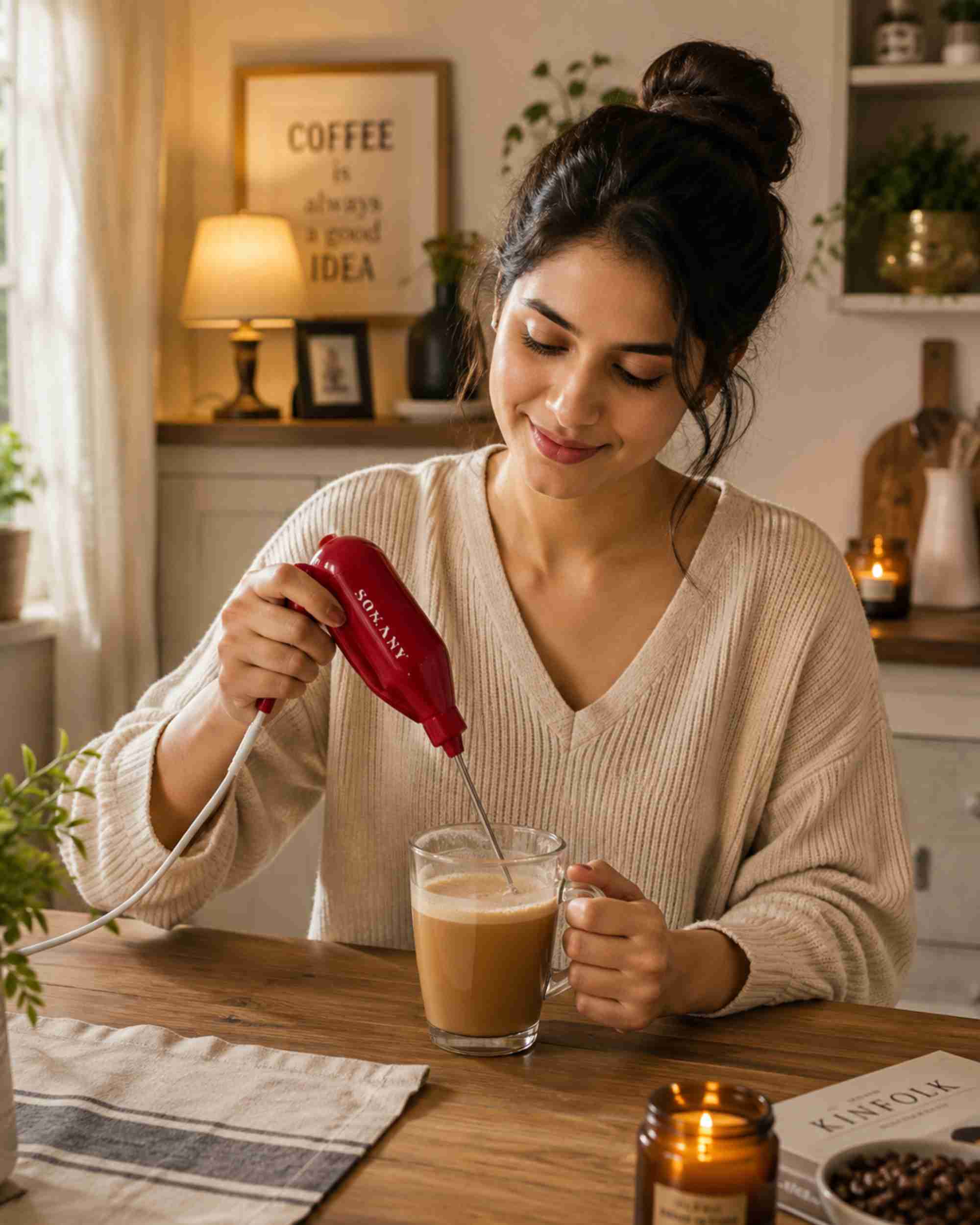 Red handheld electric coffee blender with power cord and clear mixing tube