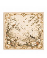 Mahjong playing mat with beige landscape, ornate gold border, cranes, birds, bamboo