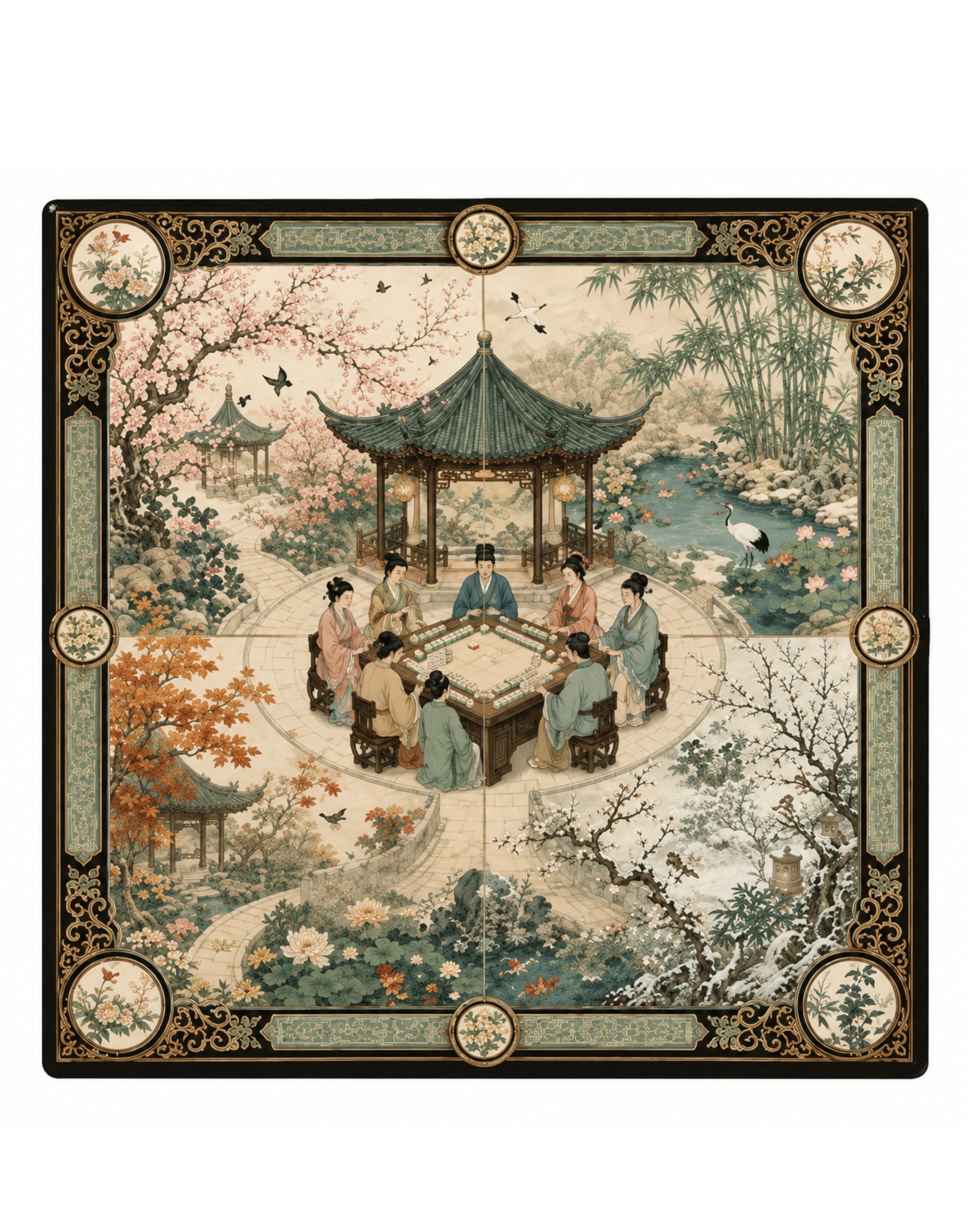 Mahjong playing mat with ornate border and detailed garden scene with pavilion, flowers, and people