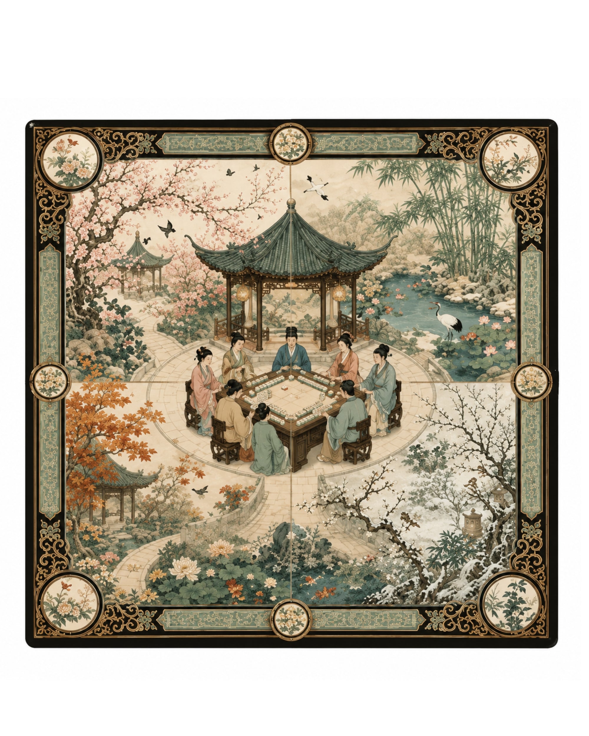 Mahjong playing mat with ornate border and detailed garden scene with pavilion, flowers, and people