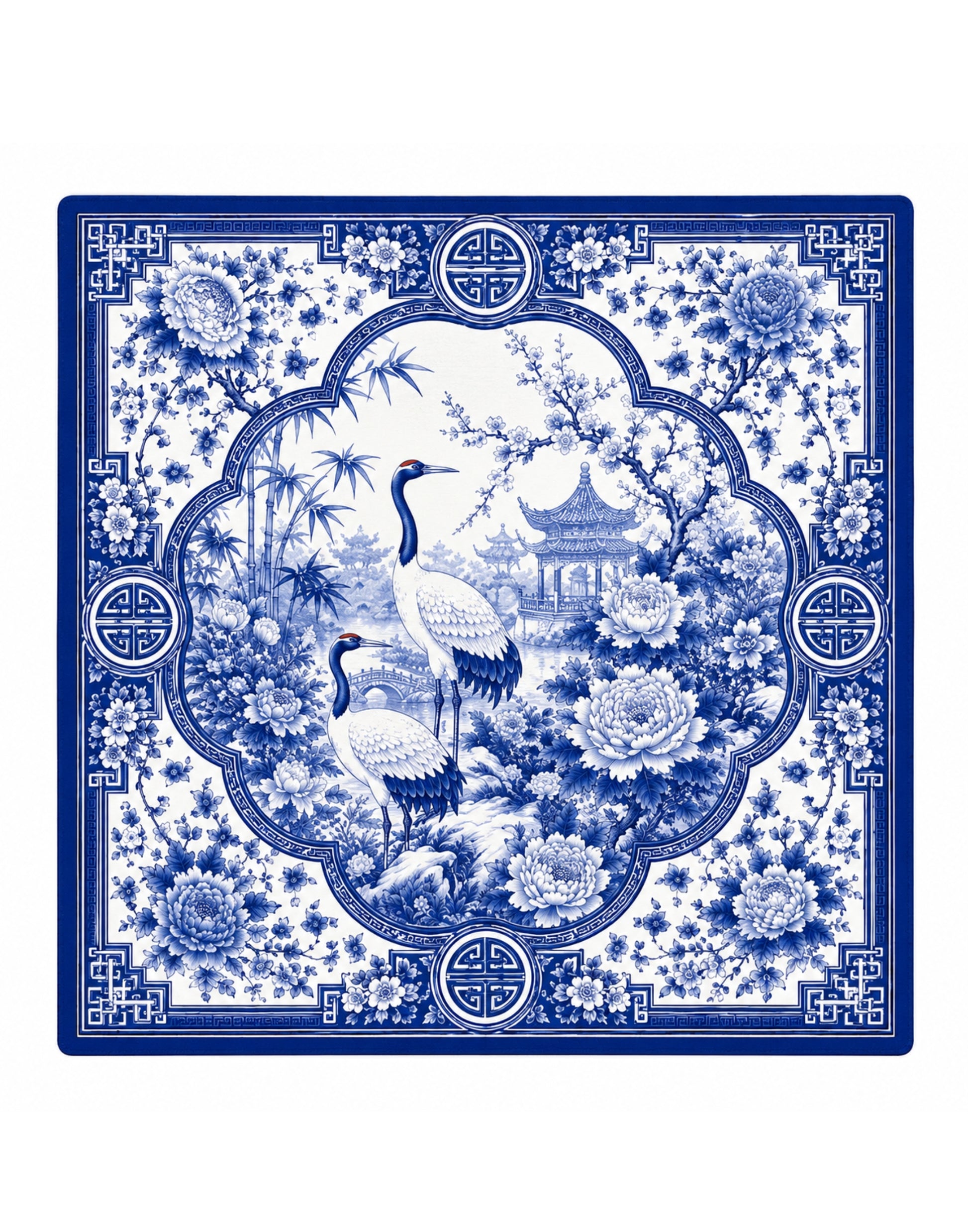 Premsons® porcelain-style mahjong playing mat with blue-and-white crane and floral pattern
