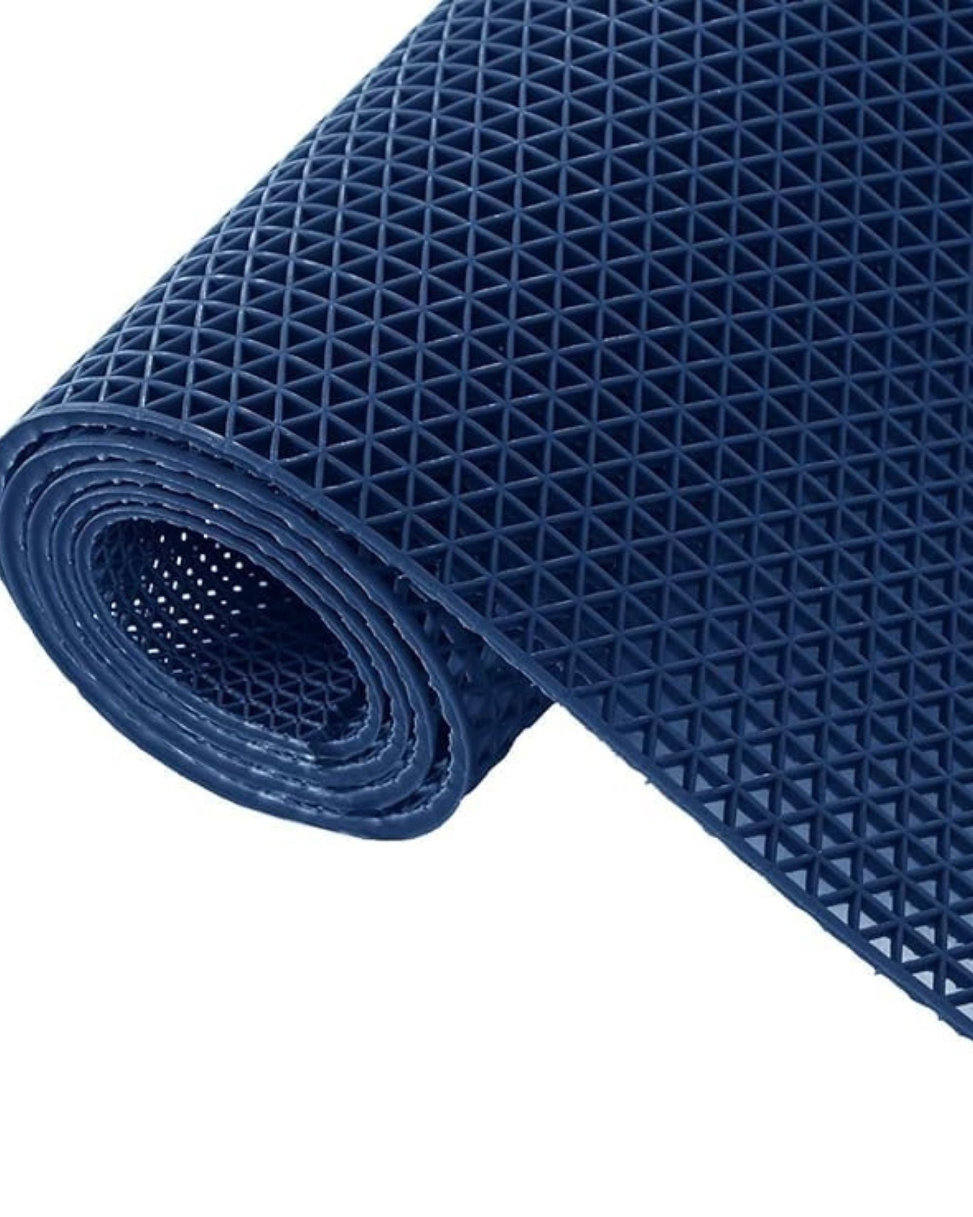 Rolled blue anti-skid floor mat with textured grid backing