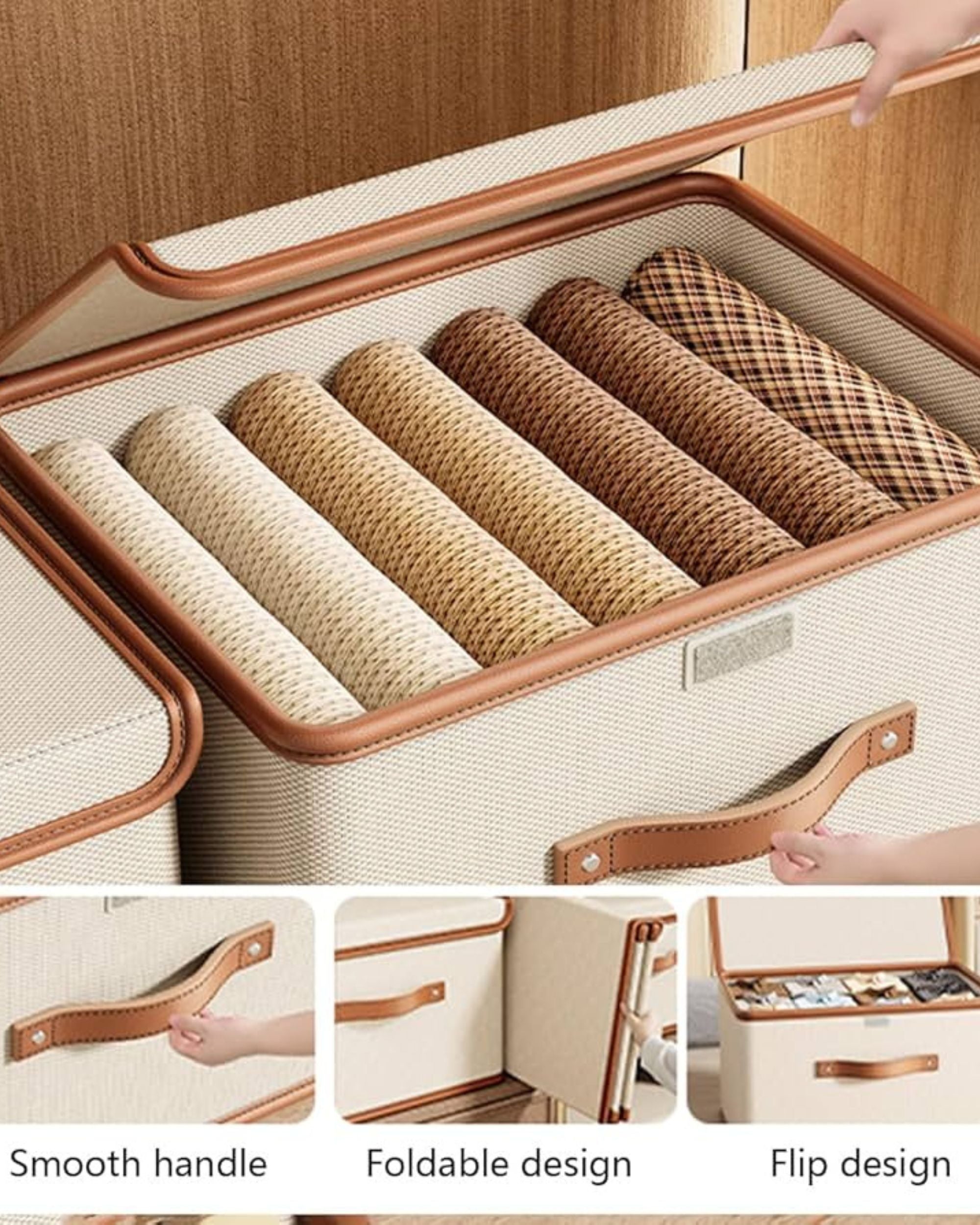 Premsons® Foldable Home Storage Box with Lid - Beige with Orange Border - Multipurpose Clothes, Toys & Wardrobe Organizer - 37 x 26 x 26 cm