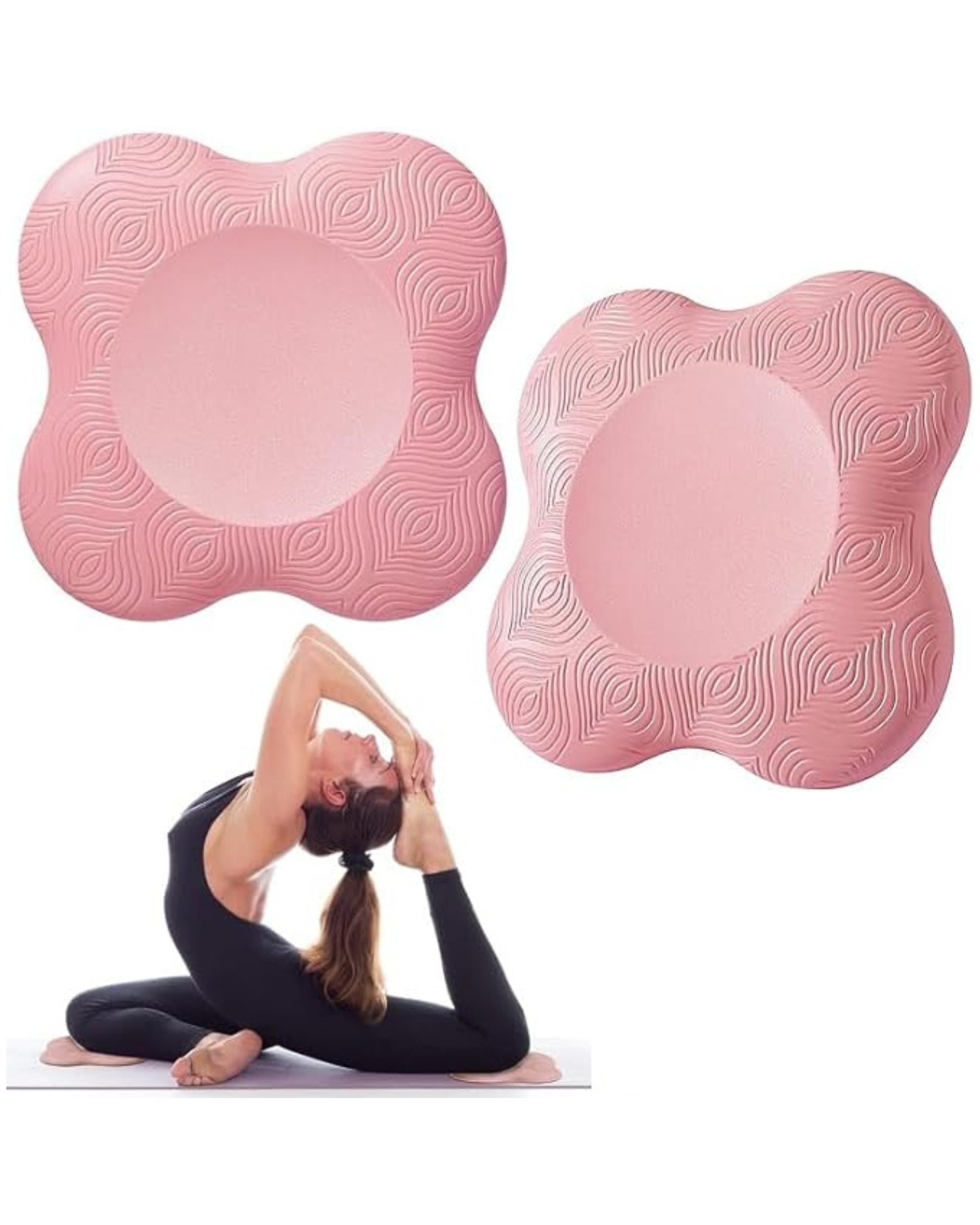 Pink yoga bolster with textured surface used by a person in a yoga pose on a white background