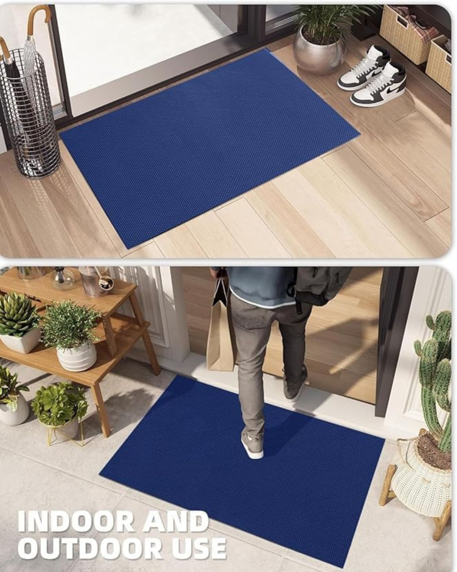 Blue anti-skid floor mat laid at doorway on wood and tile floor