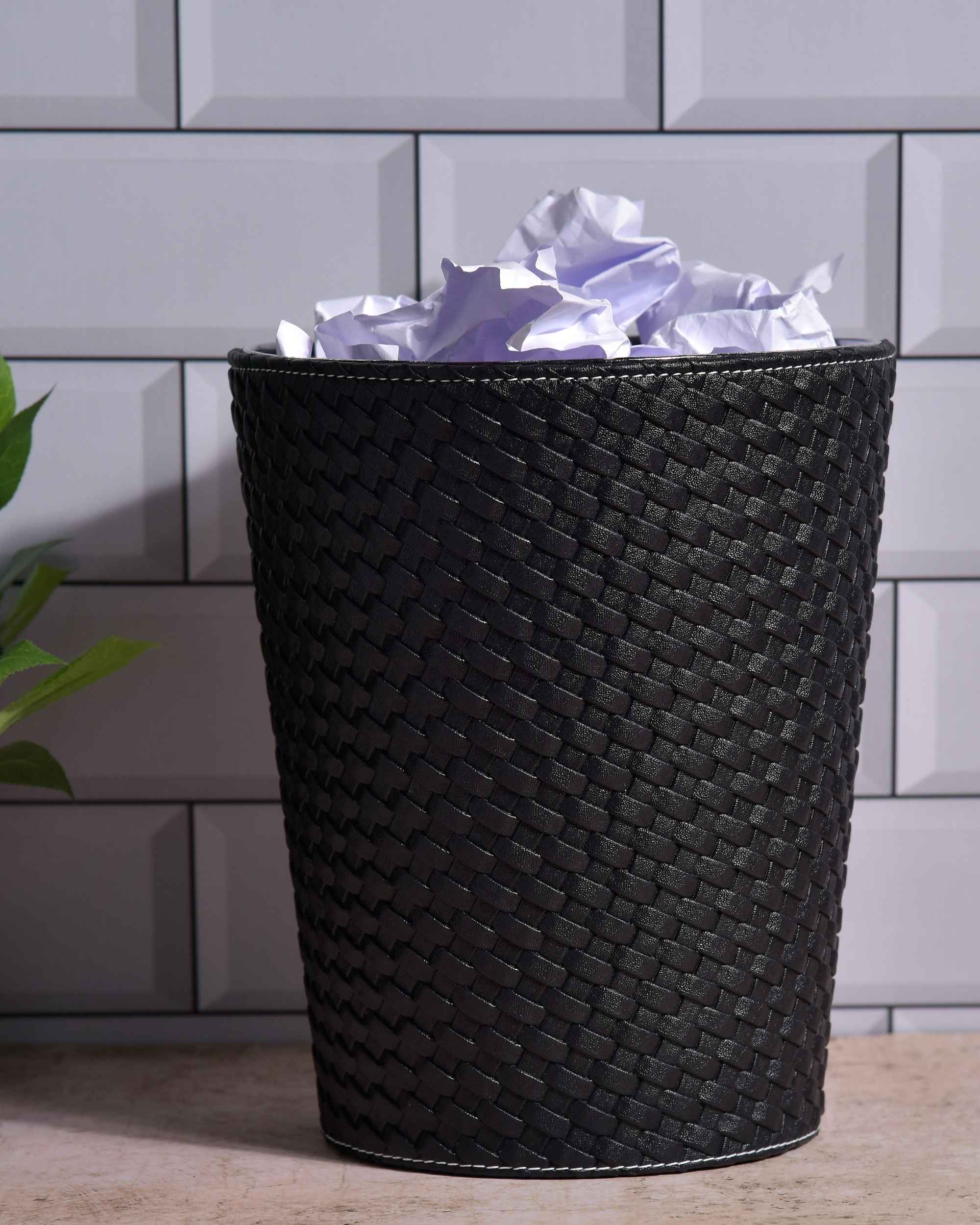 Premsons® Faux Leather Dustbin - Stylish & Durable Waste Bin for Home, Office, & Bedroom - Woven Pattern - Round - Black - 5 litres