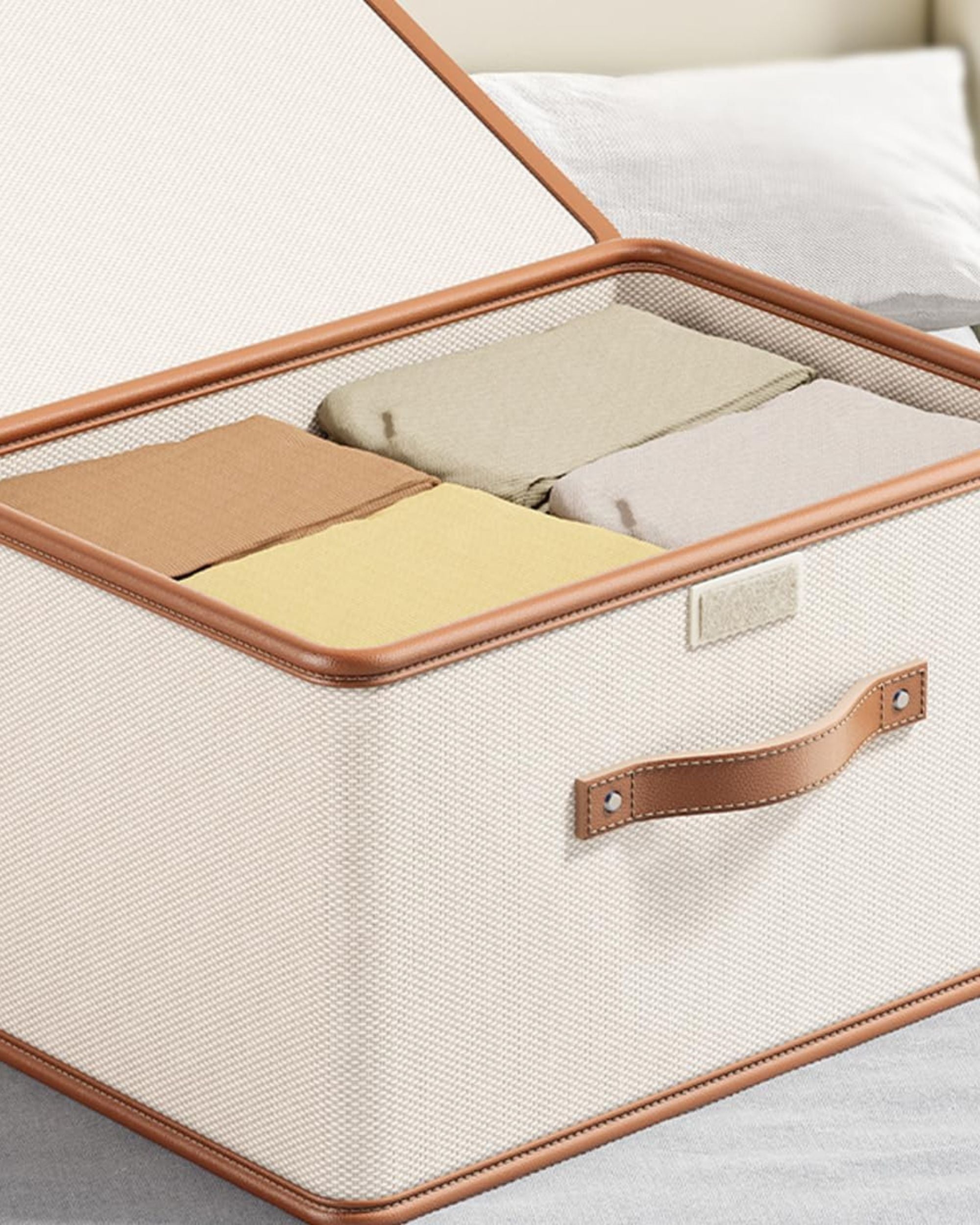 Premsons® Foldable Home Storage Box with Lid - Beige with Orange Border - Multipurpose Clothes, Toys & Wardrobe Organizer - 37 x 26 x 26 cm