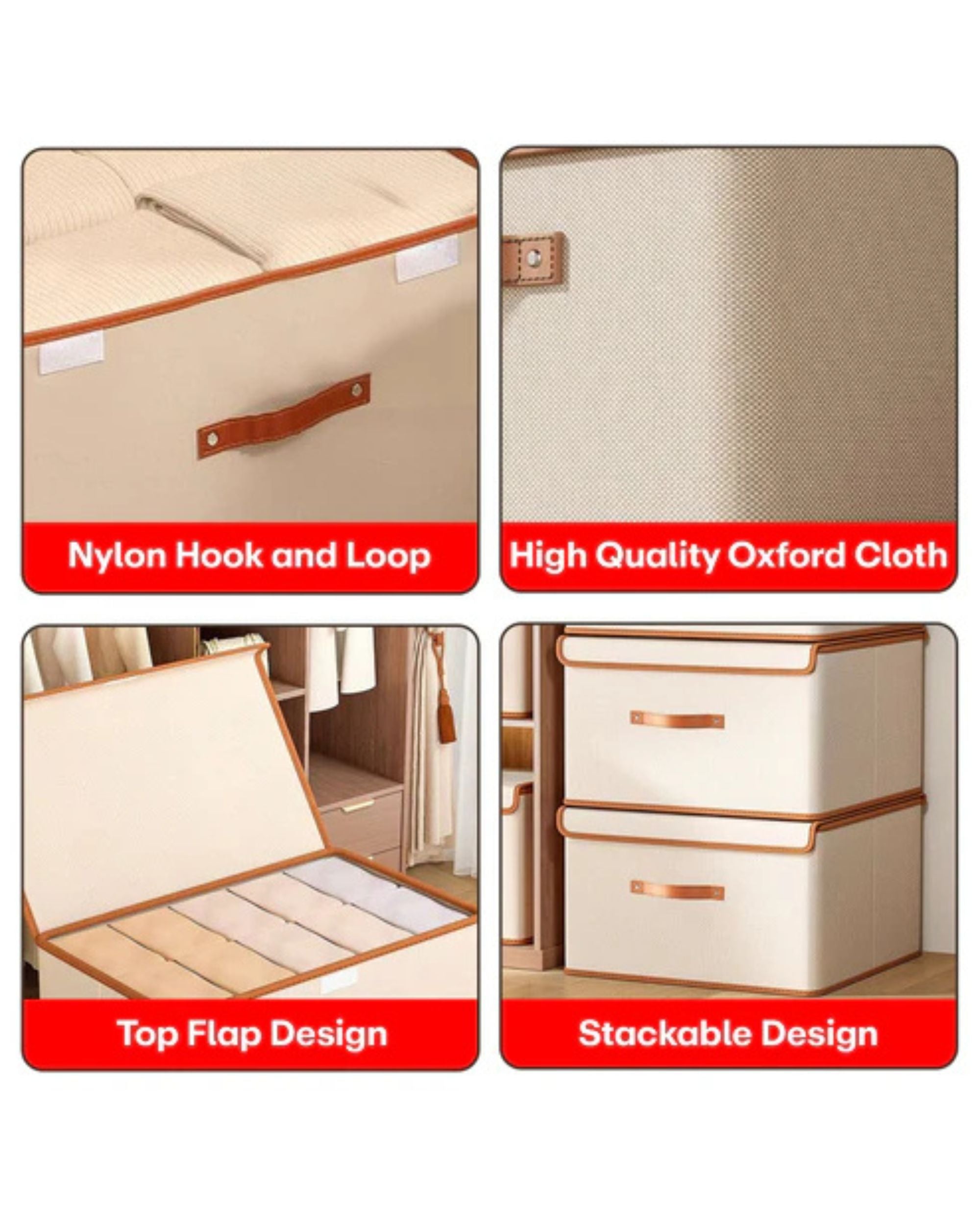 Premsons® Foldable Home Storage Box with Lid - Beige with Orange Border - Multipurpose Clothes, Toys & Wardrobe Organizer - 37 x 26 x 26 cm