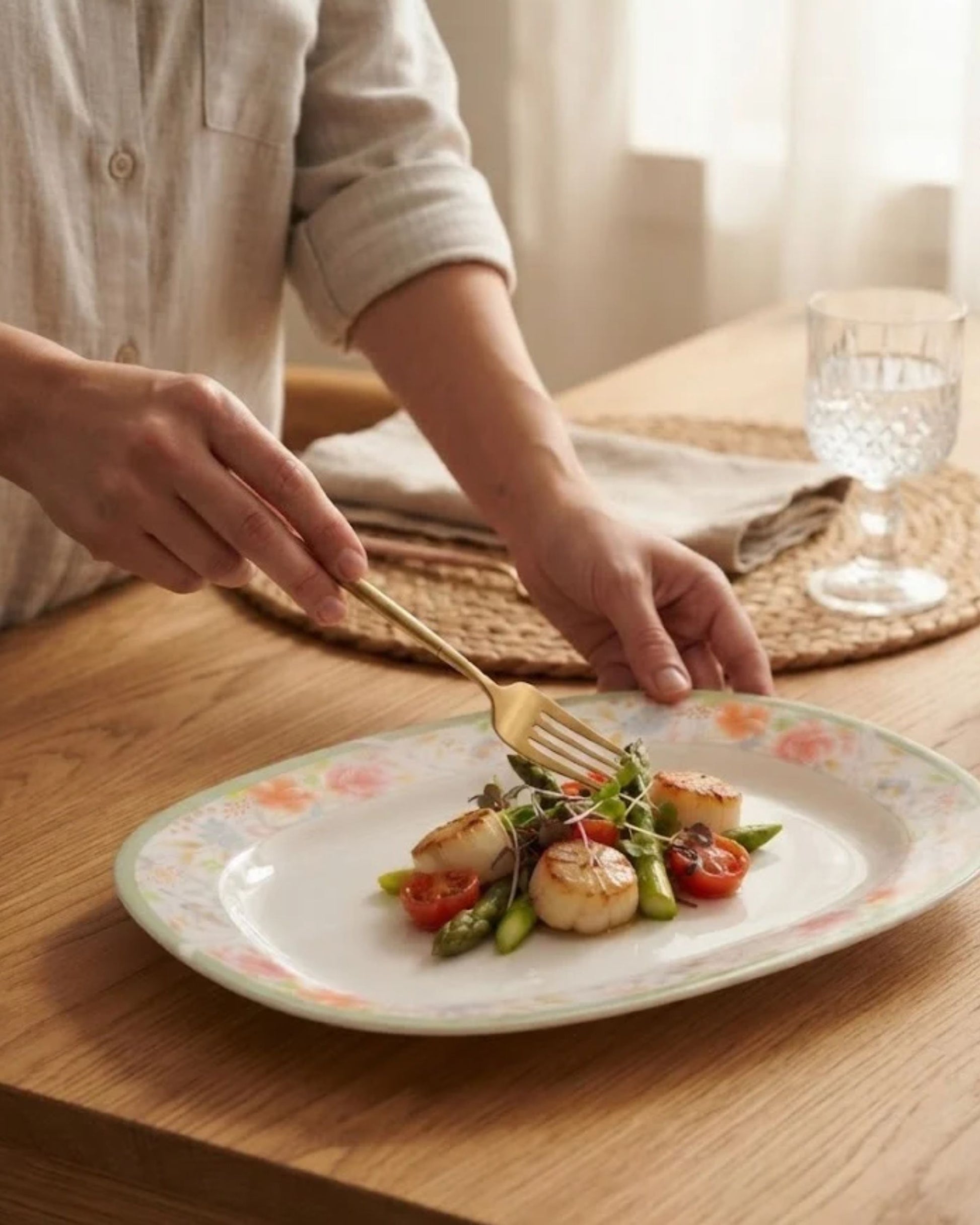Oval floral melamine serving plate with green rim, holding a seafood dish