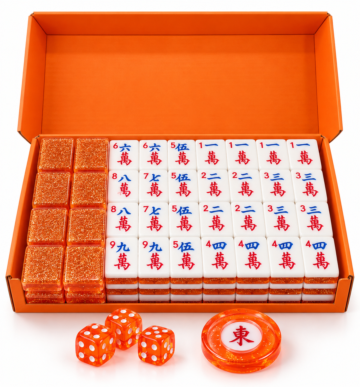 Glitter-back mahjong tile set with orange dice and East wind indicator, 152 tiles