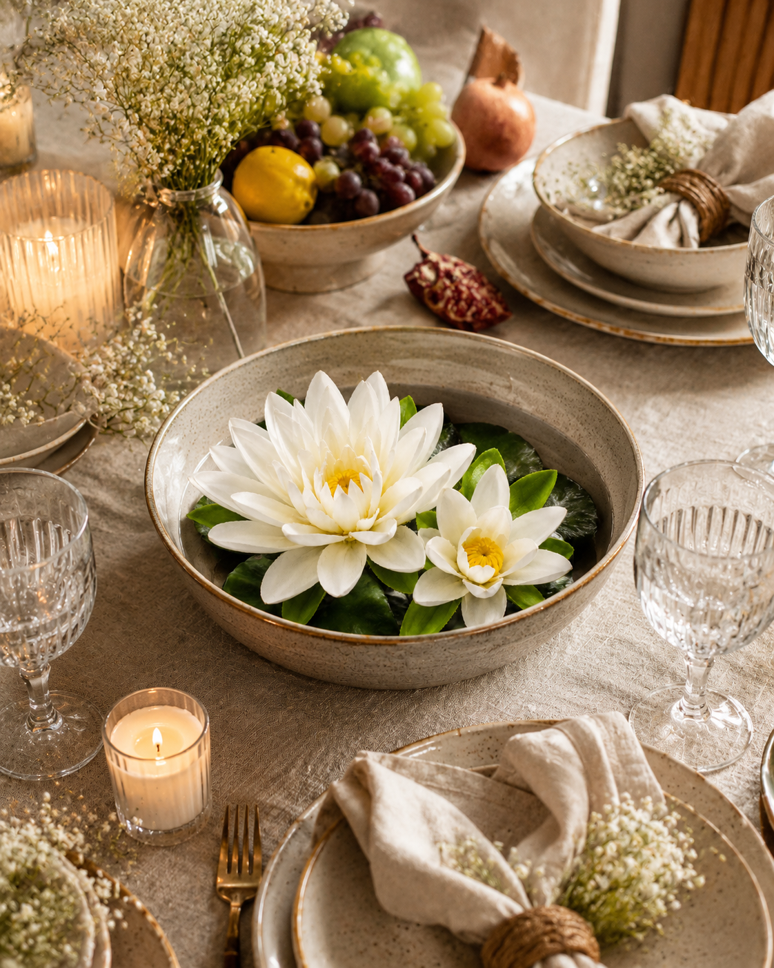 Artificial white lotus floating flowers in round bowl with green lily pad leaves
