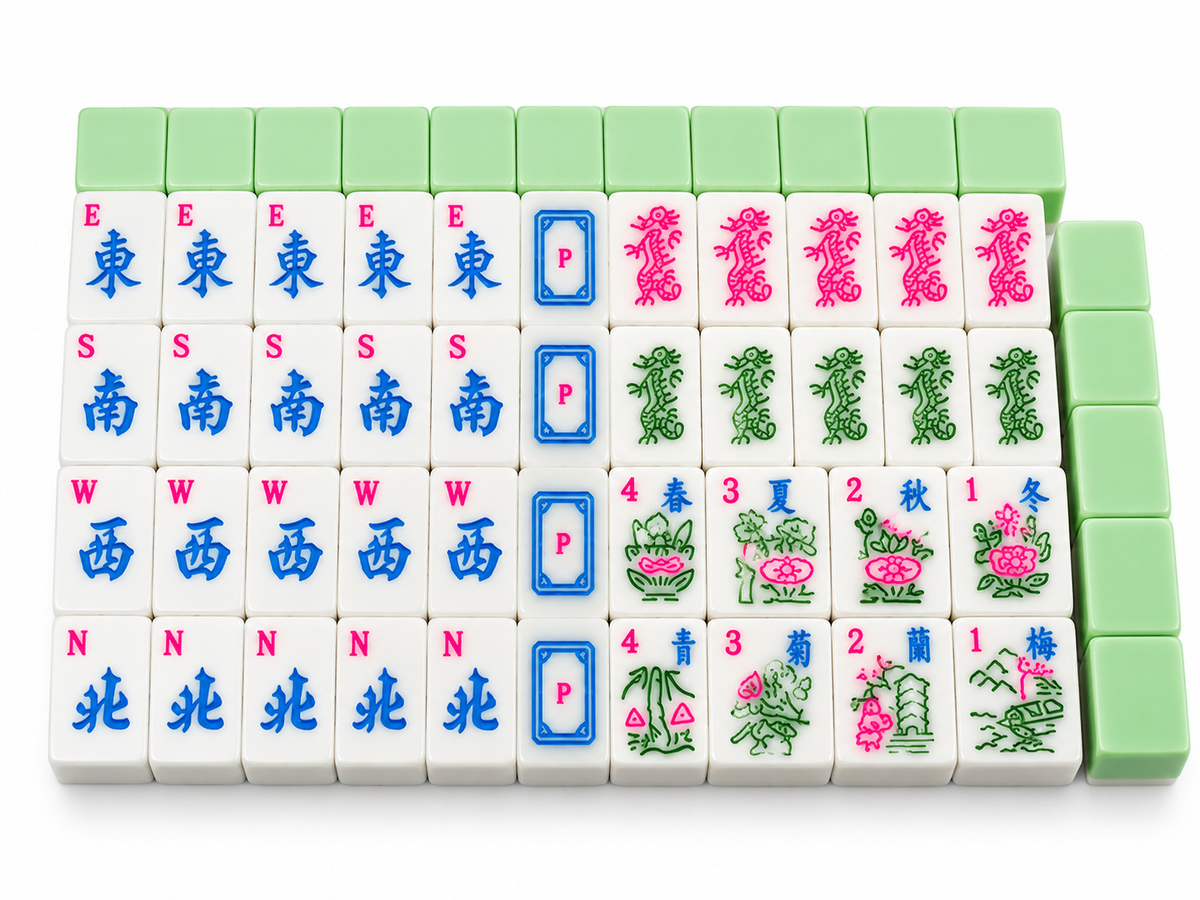 Mahjong tiles set with green backs, white faces, red character and floral pattern tiles