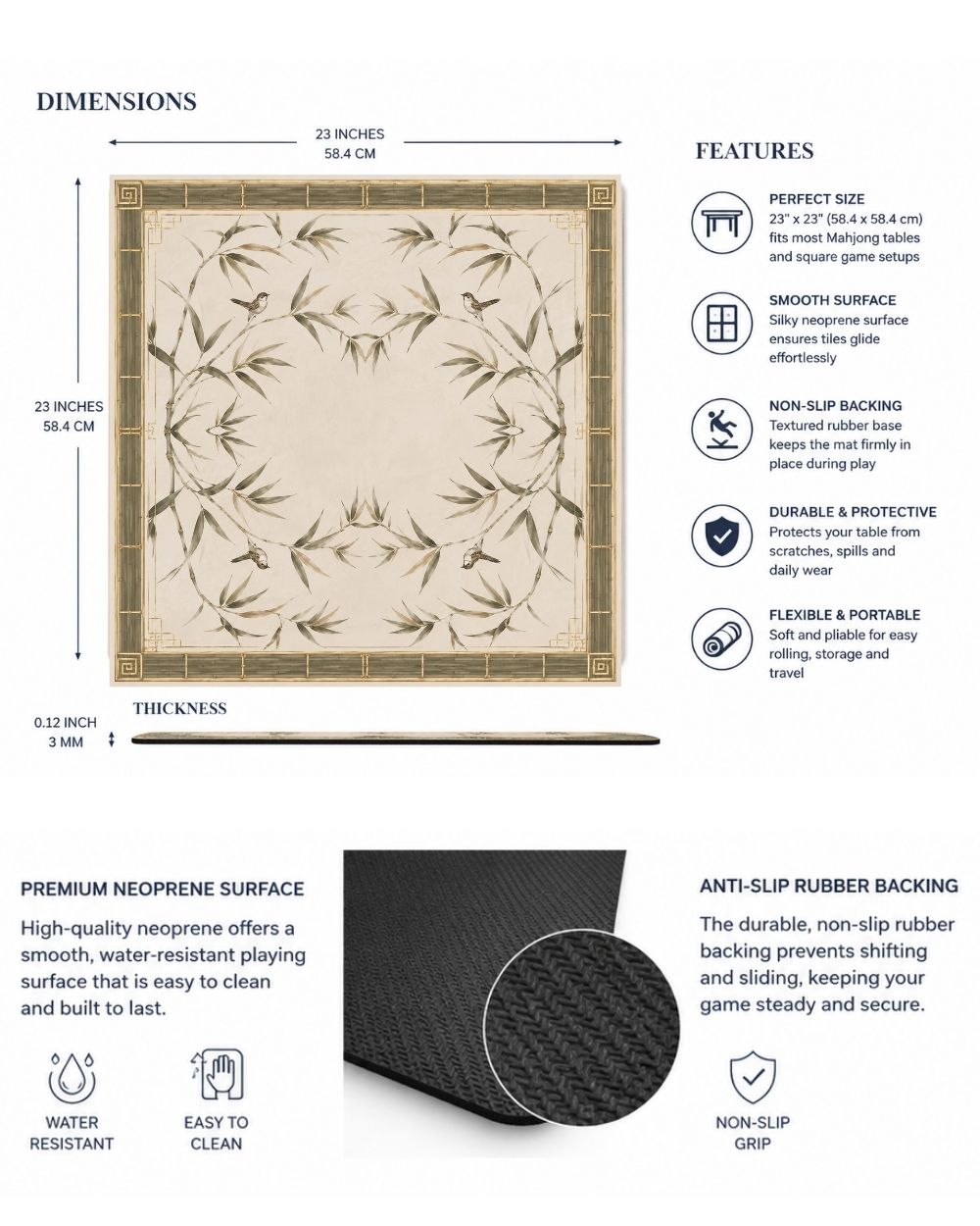 Premsons® Whispering Bamboo Mahjong Table Mat – Premium Anti-Slip Square Gaming & Decorative Mat - 23 x 23 inch - Versatile Non-Slip Play Surface