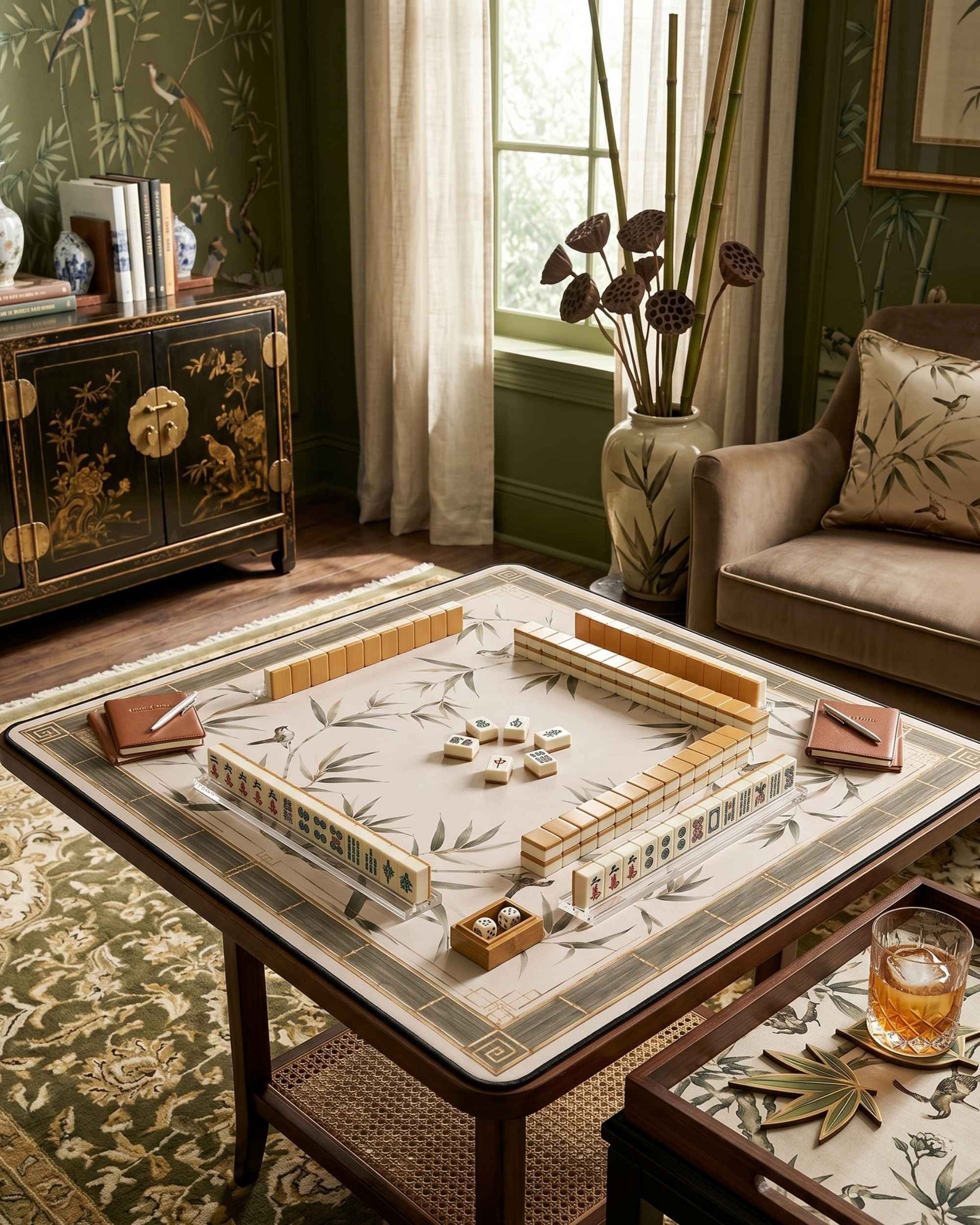 Square bamboo leaf table mat on a wooden gaming table with gold trim