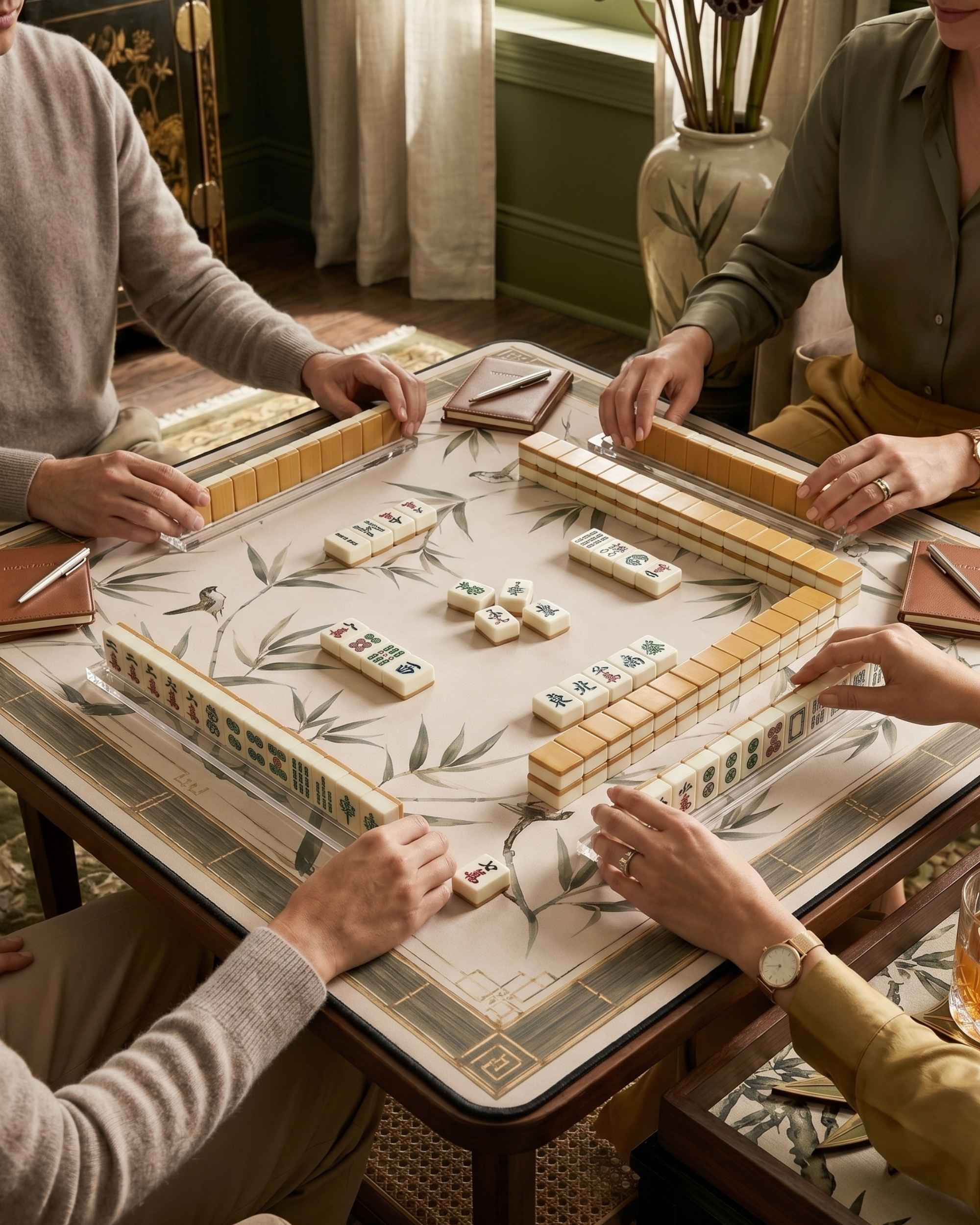 Square bamboo leaf mat with gold border where players place Mahjong tiles