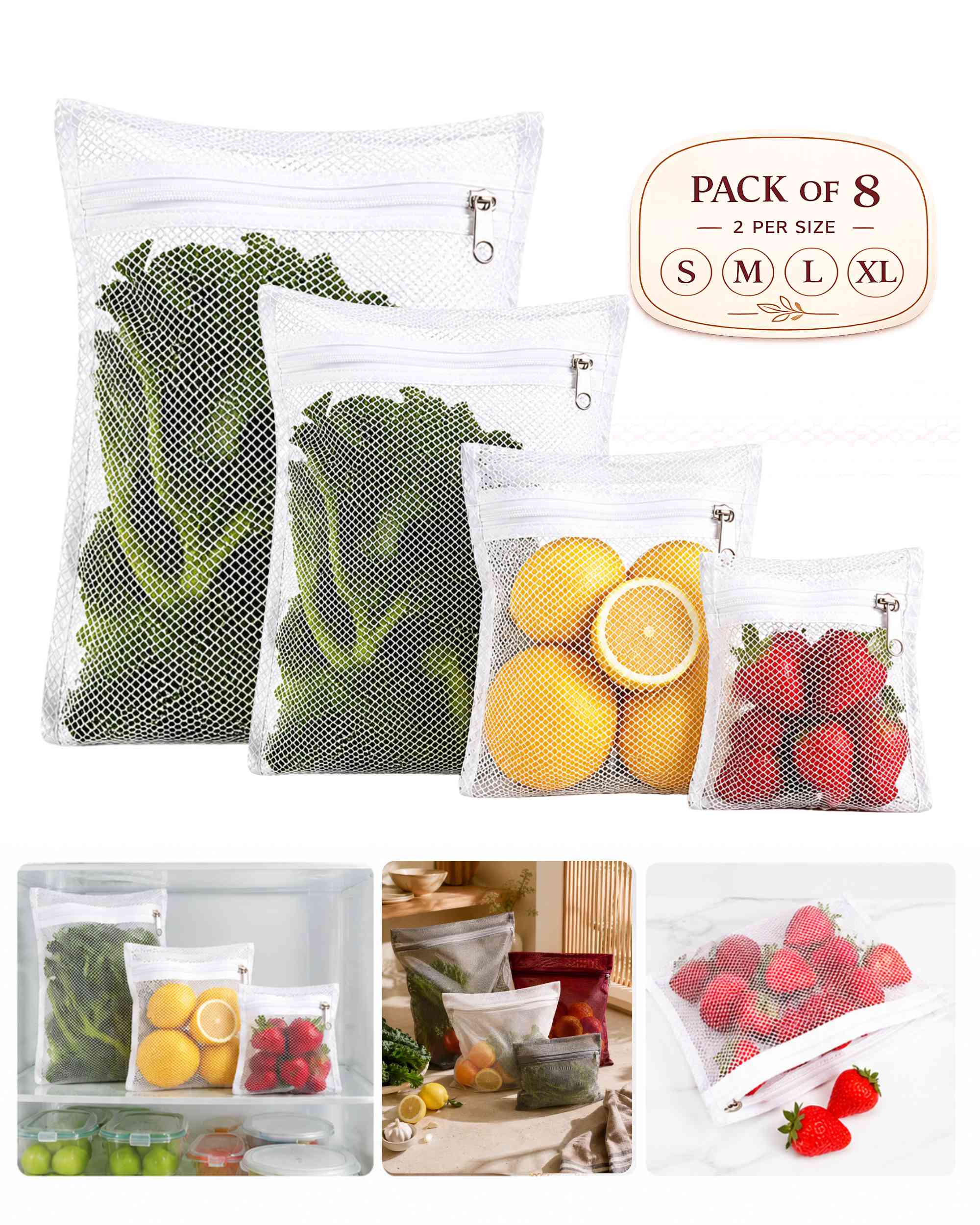 White mesh fridge storage bags with zip closures, pack of 8