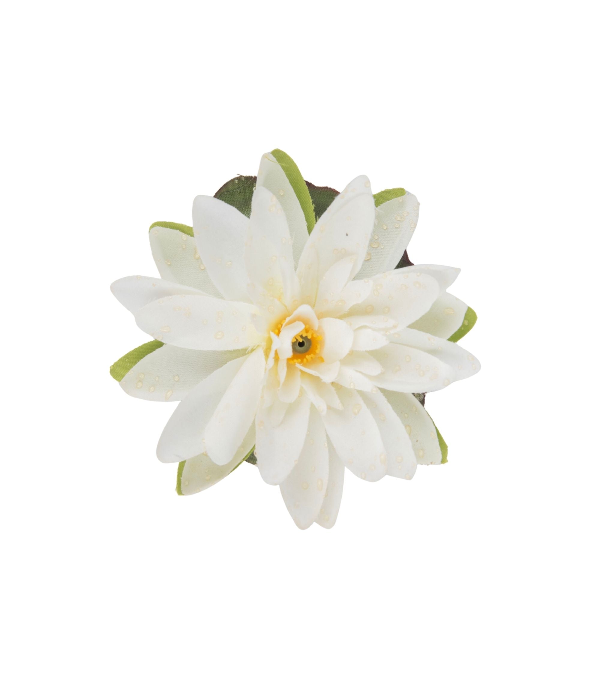 Artificial white lotus bloom with yellow center and green leaf accents