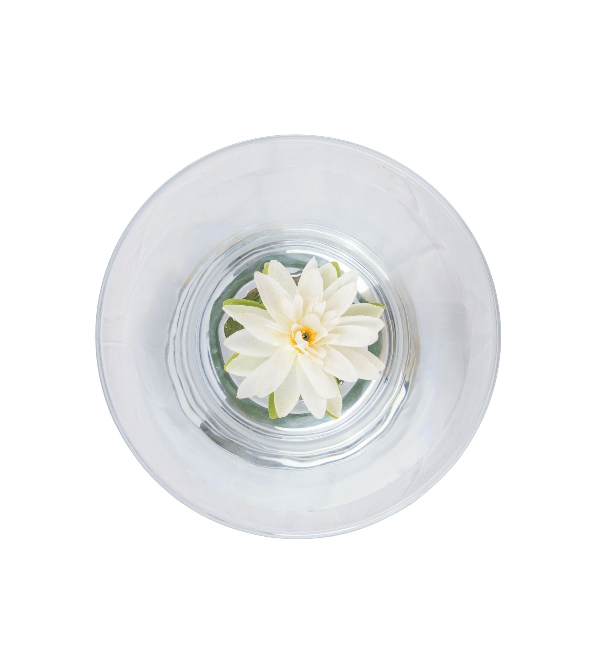 Clear round dish with centered white lotus flower and small green leaves